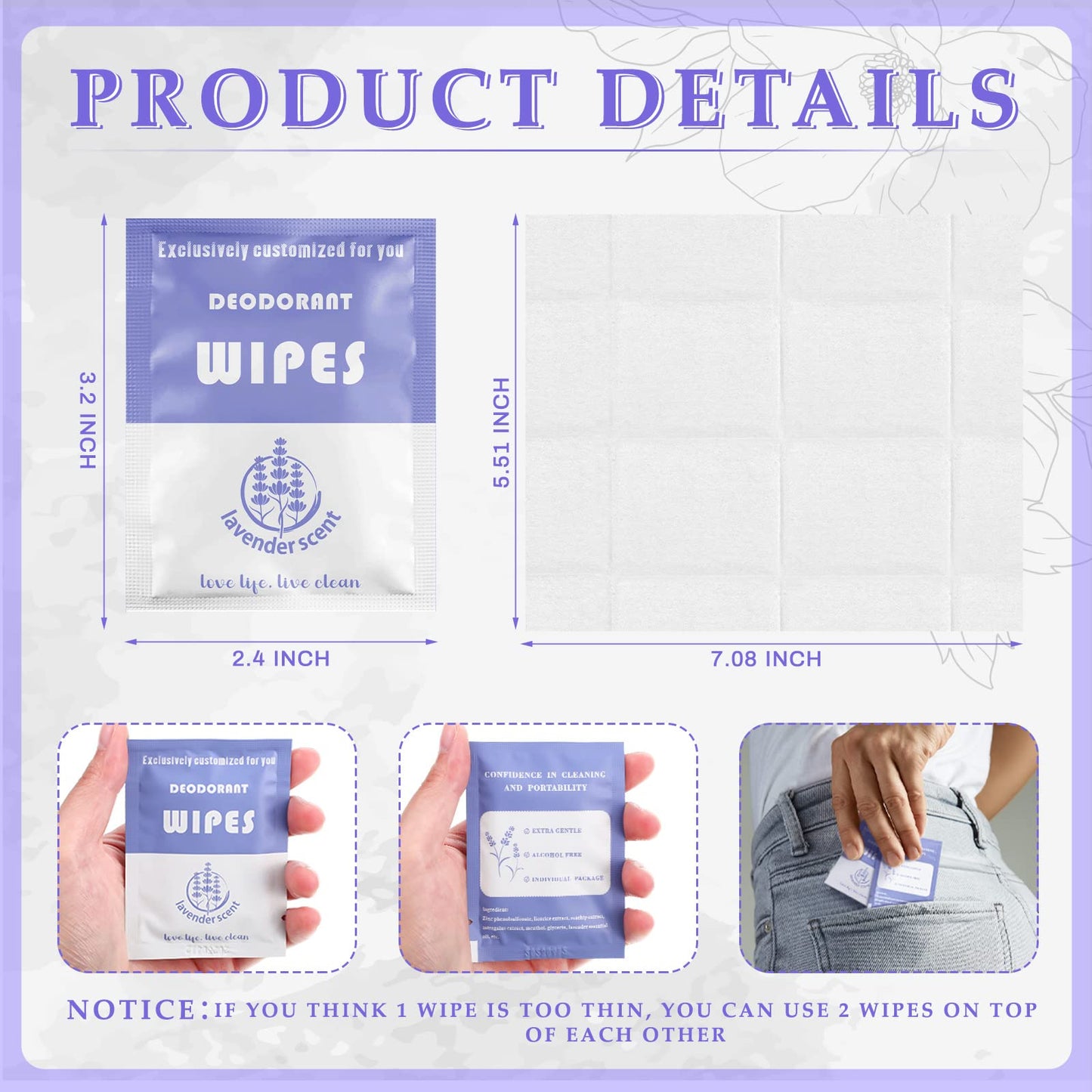 Timgle 200 Count Deodorant Wipes Individually Wrapped Underarm Deodorant Wipes Antiperspirant Wipes Body Wipes Remove Sweat Wipes for Men Women Travel and Daily Use Body Wipes(Purple)