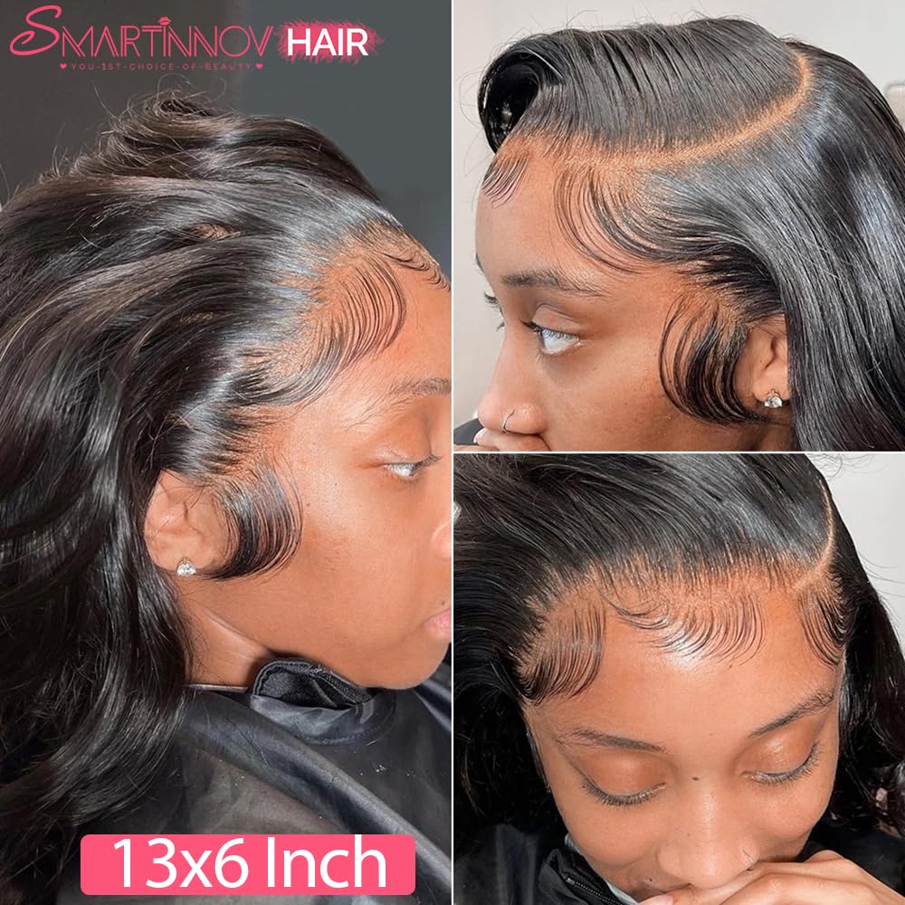 Body Wave 13x6 Lace Front Wigs Human Hair for Women Bleached Knots HD Lace Frontal Wigs Pre Plucked with Baby Hair 18Inch #1B Natural Black 150% Density Transparent Lace Front Curly Virgin Hair Wigs