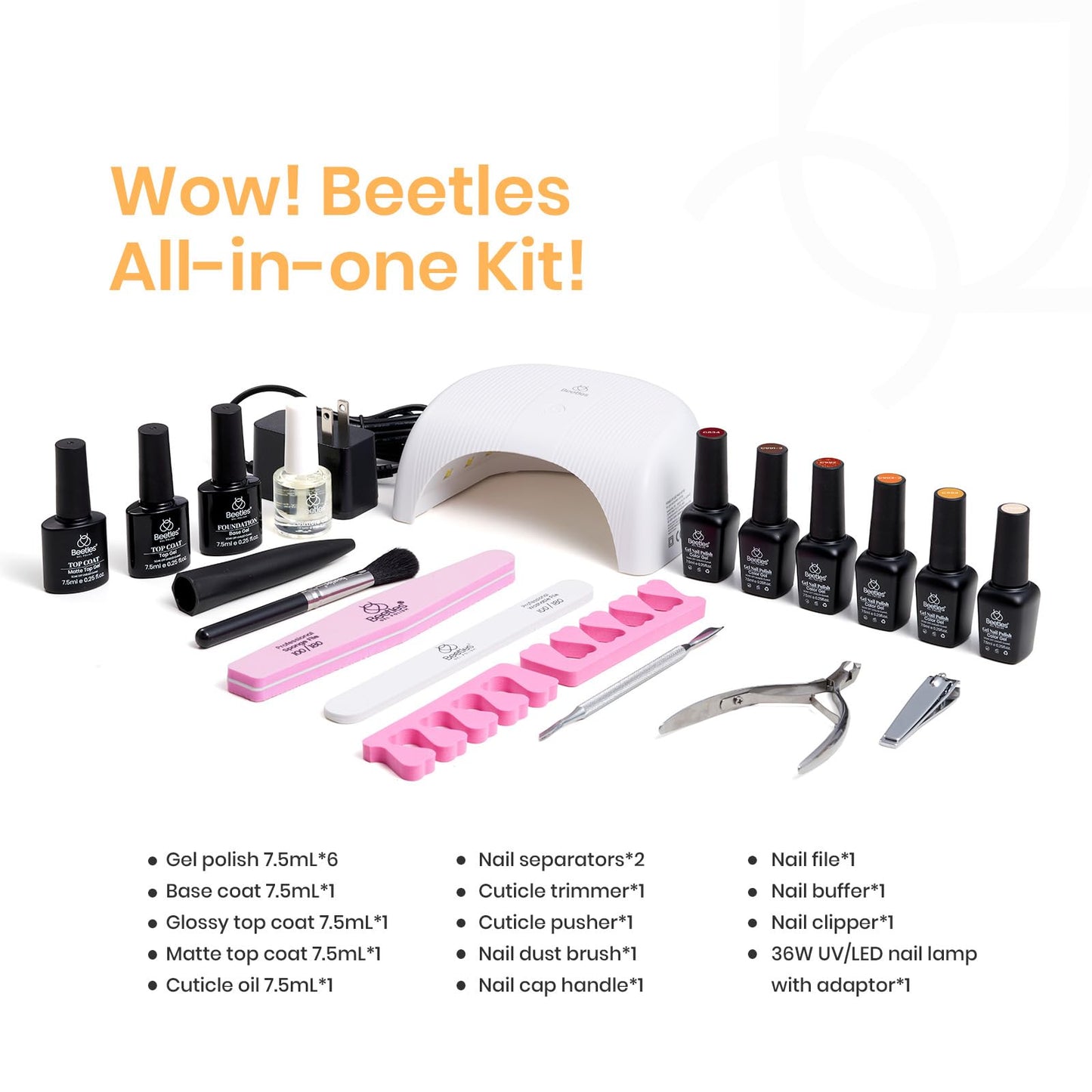 beetles Brown Gel Polish Starter Kit with Uv Light, 6 Colors Red Yellow Orange Brown Glitter Manicure Sunny Stroll Set Base Top Coat Cuticle Oil Matte Accessories Soak Off Led Gifts