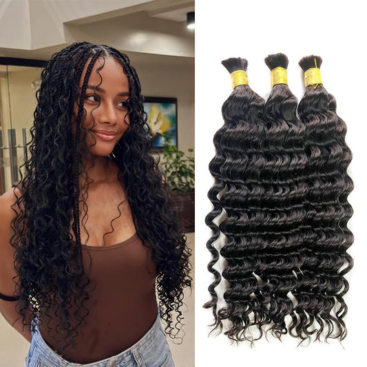 TIJRLGVBN Boho Knotless Braids Human Hair Micro Braids Extension Hair Deep Curly Human Bulk Hair 16"18"20" 1pack (3bundles(150g) Natural Black Color