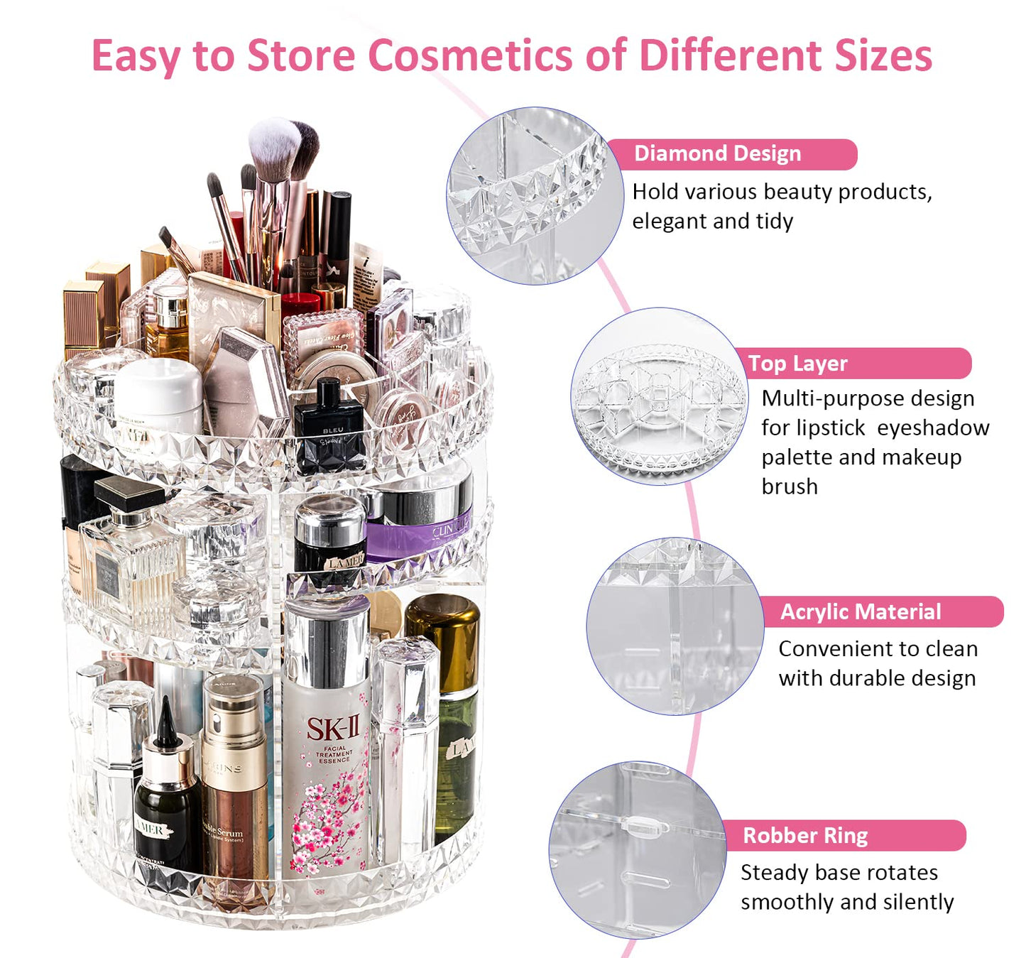 DreamGenius Makeup Organizer, 360 Degree Rotating Perfume Organizer, Adjustable Makeup organizers and storage with 3 Layers, Fits Makeup Brushes Lipsticks and Jewelry, Clear Acrylic