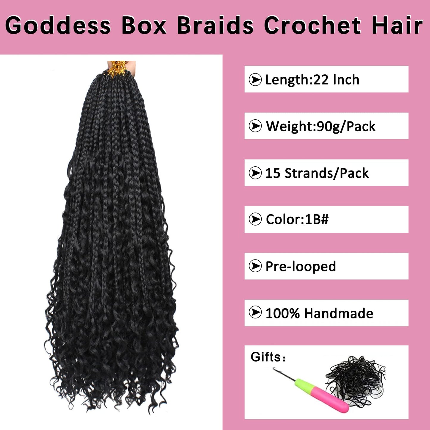 COOKOO 22 Inch Goddess Box Braids Crochet Hair for Women 8 Packs Synthetic Hippie Pre Looped Bohemian Boho Box Braids With Curly Ends Twist Braiding Hair 1B#