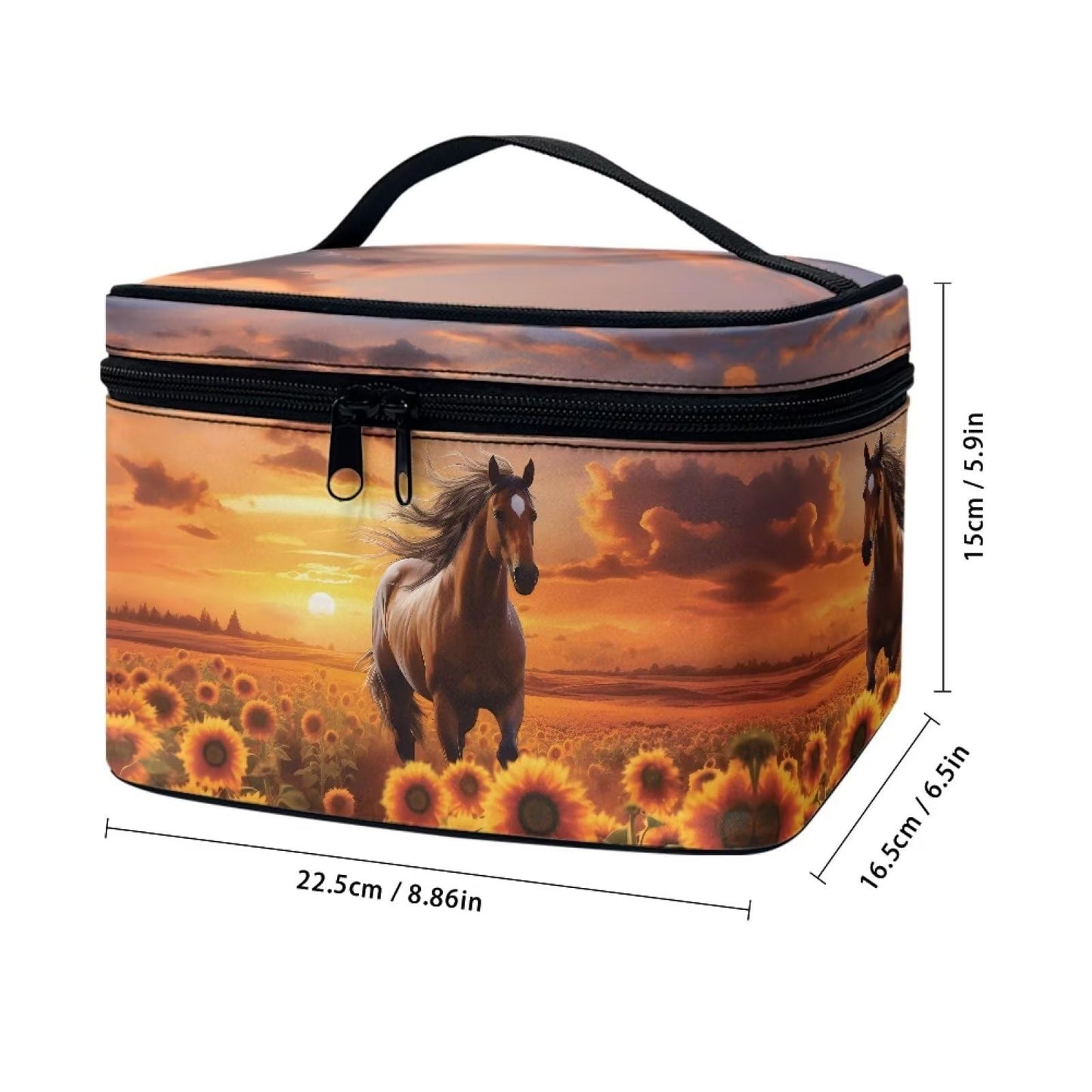 doginthehole Horse Sunset Cosmetic Bag Make Up Travel Bag for Women Sunflower Toiletry Bag Zipper Traveling Organizer Bag Large Portable Cosmetic Brush Bag with Handle