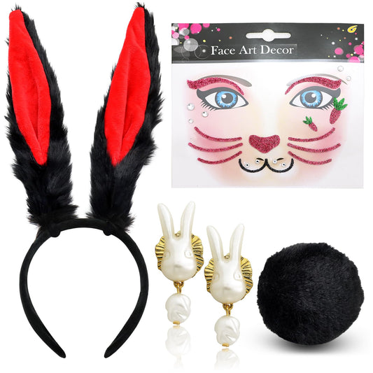 RechicGu 4 Pcs Halloween Bunny Costume Accessories Set Plush Bunny Ears Headbands Bunny Tail Rabbit Headwear Costume Hair Accessories for Women Party Prom Cosplay Easter Black Red