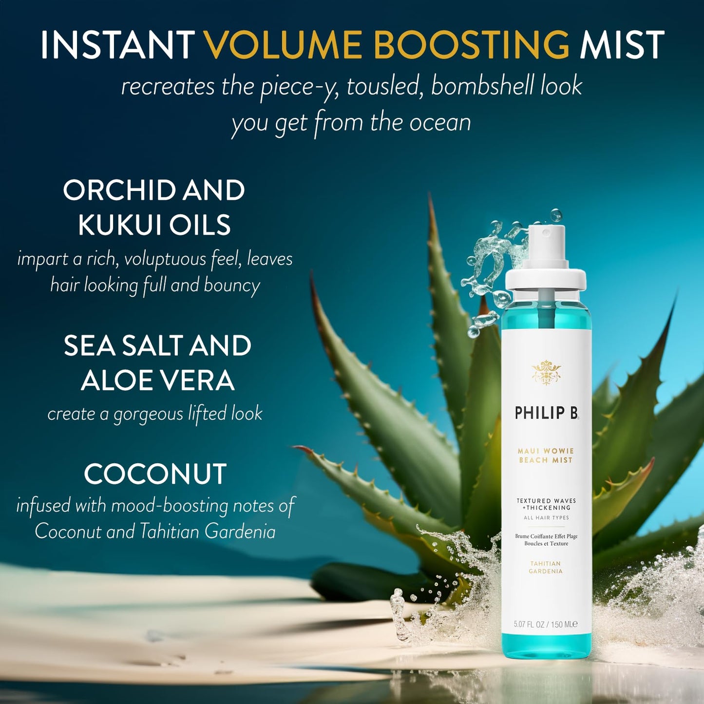 PHILIP B. Maui Wowie Beach Mist 5.07 oz - Texturizing Hair Mist, Boosts Appearance of Volume & Bouncy Waves, Infused with Botanical Moisturizers, Sea Salt, Coconut & Aloe Vera