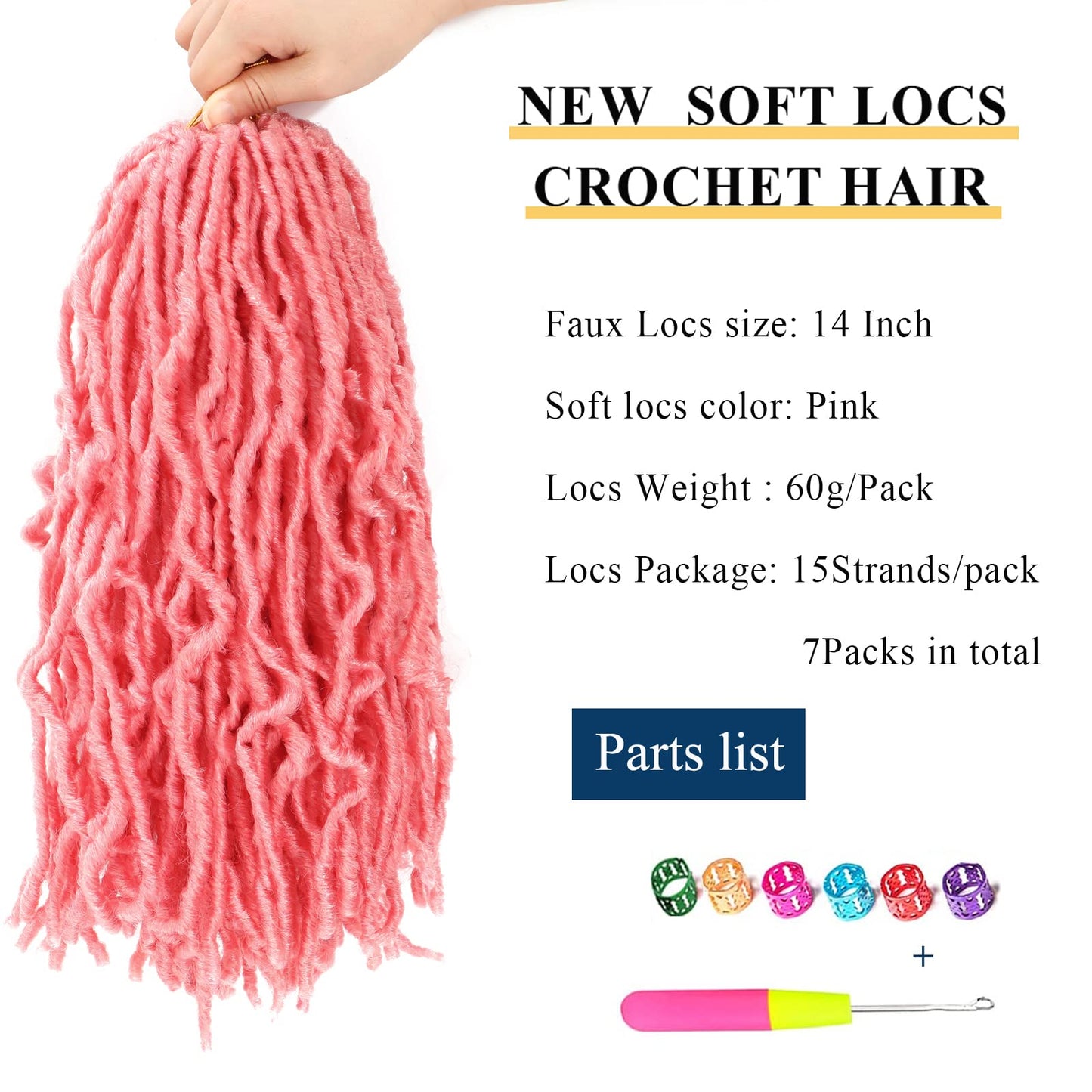 Pink Locs 7 Packs Faux Locs Crochet Hair 14 Inch New Soft Locs Crochet Hair Pre Looped Goddess Locs Crochet Hair for Women Crochet Braids Synthetic Hair Extensions/Pink