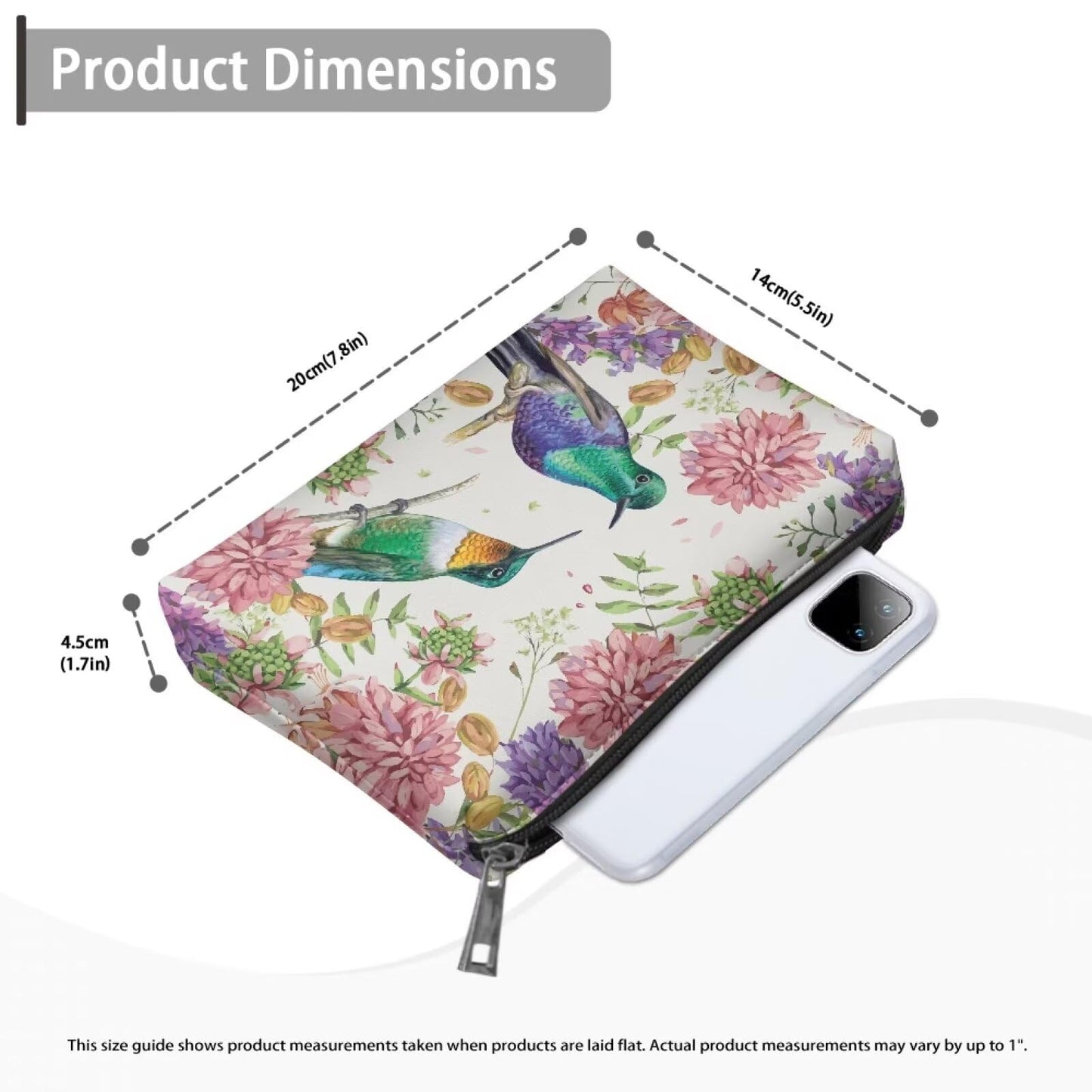 ELEDIZI Hummingbird Cosmetic Bag Cute Makeup Bags for Women Waterproof Skincare Travel Bag Travel Toiletry Bag Pu Leather Makeup Brush Bag with Zipper Portable Lipstick Case Birthday Gifts for Women