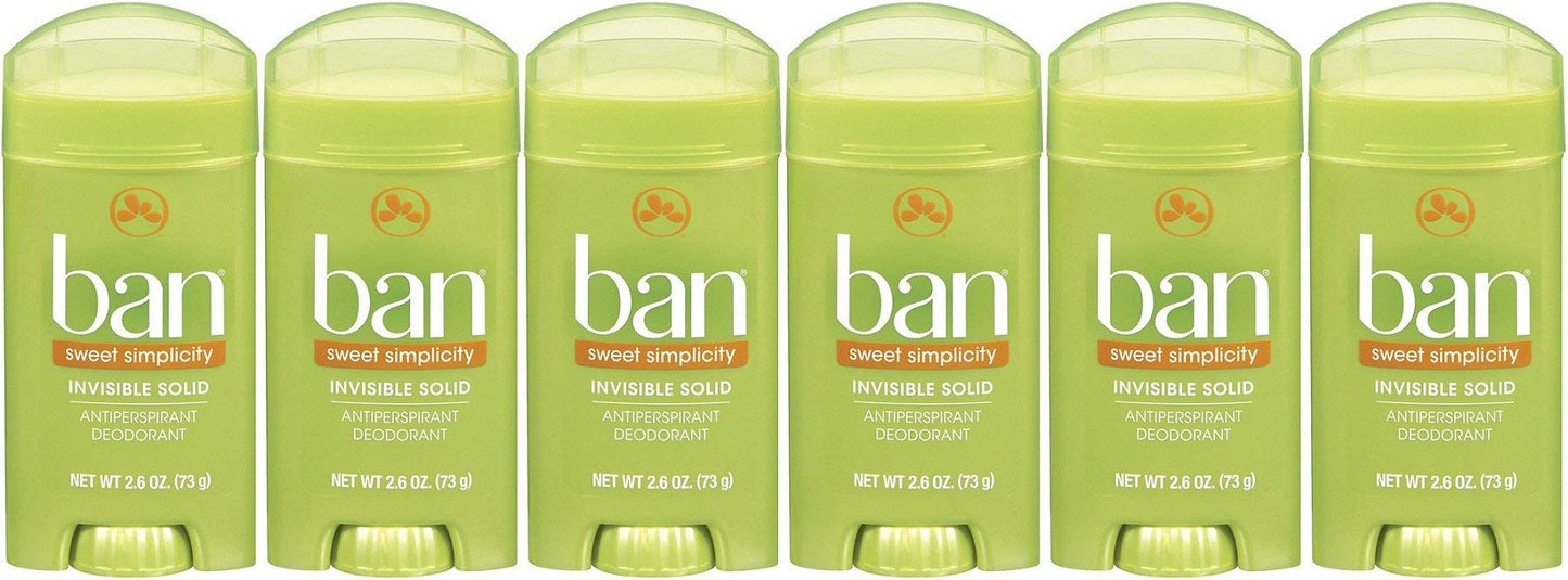 Ban Antiperspirant Deodorant, Invisible Solid, Sweet Simplicity, 2.6-Ounce Bottles (Pack of 6)