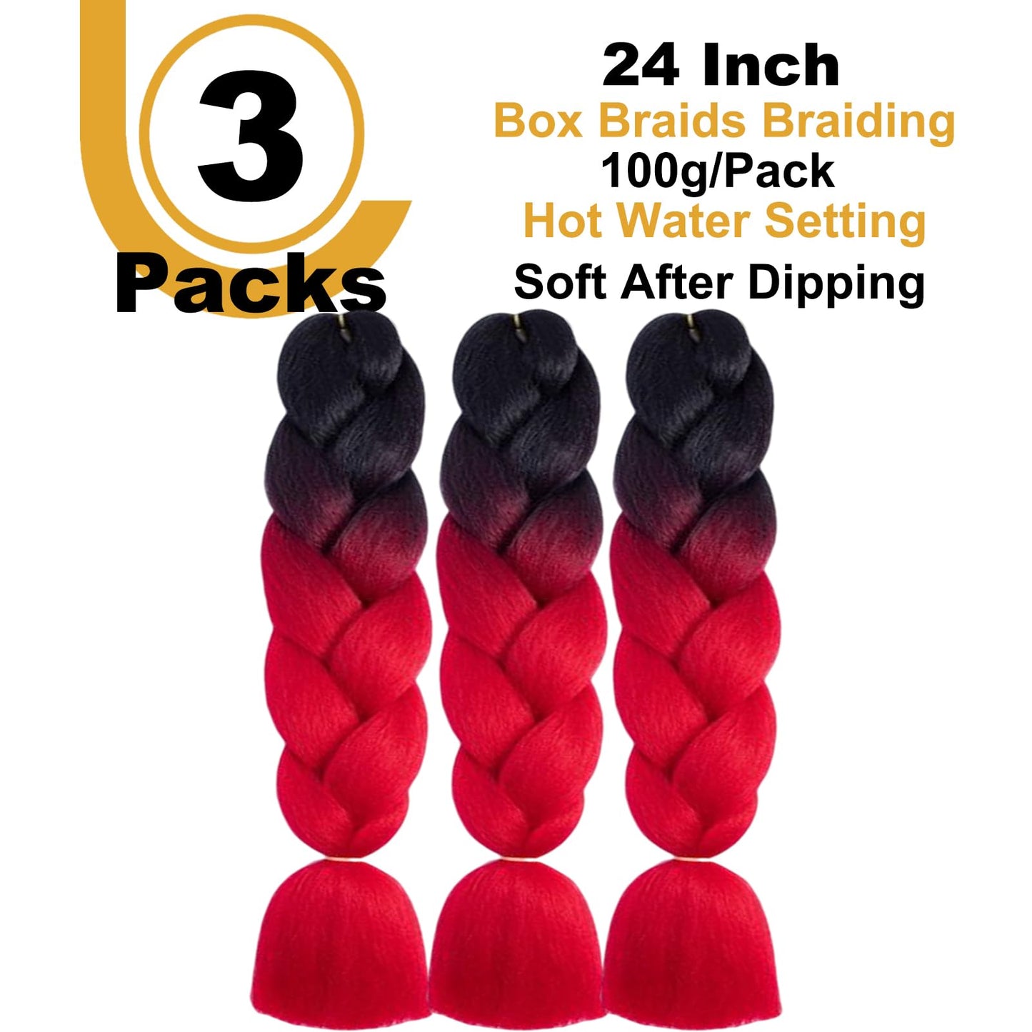 FYRLNA 3 Packs 24 Inch Jumbo Braiding Hair Soft High Temperature Resistance Synthetic Hair Extensions for Women 24 Inch Ombre Jumbo Braiding Hair Twist Crochet Braids Hair (24 Inch (Pack of 3), black to red)