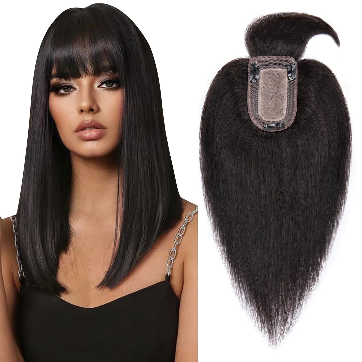 Fellissy Hair Toppers for Women Hair Toppers for Women Real Human Hair with Bangs Straight Hair Pieces for Women 6 Inch #1B Natural Black