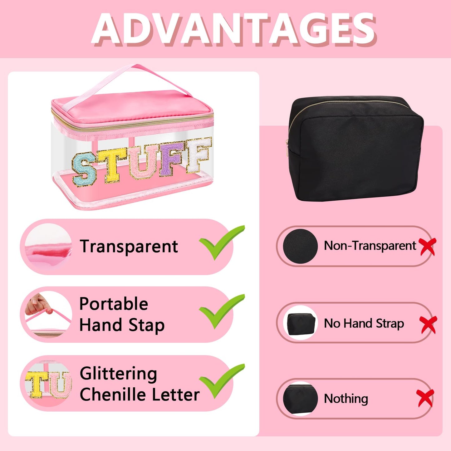 Chenille Letter Patches Clear Makeup Bags Stuff Purse Pouch, Preppy Nylon Large Cosmetic Toiletry Storage Bag with Handle Zipper, Waterproof PVC Portable Makeup Travel Pouch for Women Girl(Pink-STUFF)