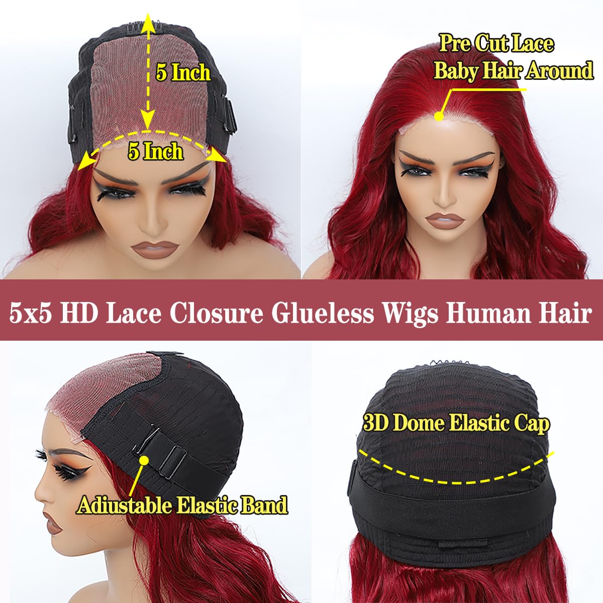 Jewhaut Wear and Go Glueless Wigs Human Hair Pre Plucked Pre Cut for Beginners 99j Burgundy Lace Front Wigs Human Hair Upgraded No Glue 5x5 HD Body Wave Lace Closure Wigs Human Hair for Women 24 Inch