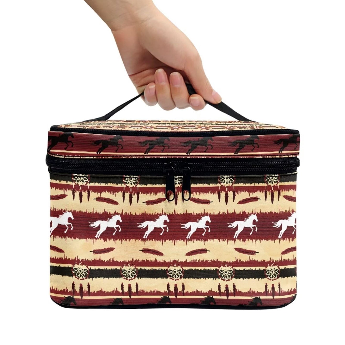 JoyLamoria Aztec Horse Makeup Bag Portable Cosmetic Bag Large Capacity Handbag Wallet Coin Purse Pouch with Handle