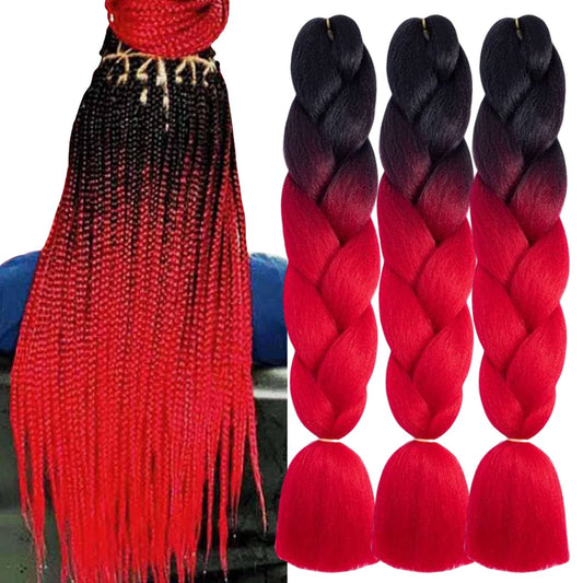 Ombre Braiding Hair Extensions for Women 6 Packs/24 Inch Braiding Hair Fiber Crochet Hair for Box Braids Senegal Twist Hair Extensions(24" (Pack of 6),black to red/B1)