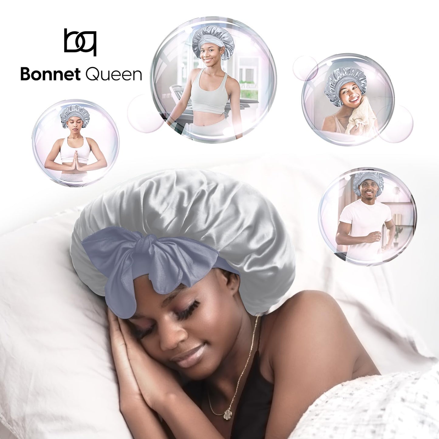 BONNET QUEEN Silk Bonnet for Sleeping Women Satin Bonnet Hair Bonnet Night Sleep Cap Scarf wrap for Curly Hair with tie Band Silver Grey