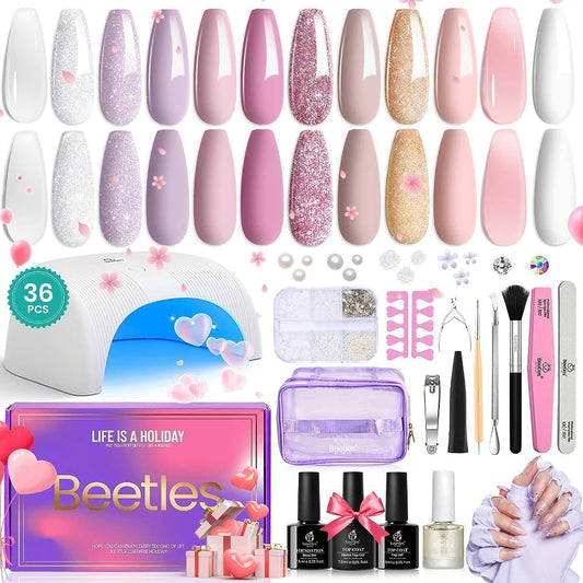 Beetles Gel Nail Polish Kit with 48w Uv Light Gel Nail Starter Kit 12 Colors Pink Nude Blue Glitter Gray Gel Polish with Base Gel Top Coat Soak Off Gel Polish Set Gifts for Women