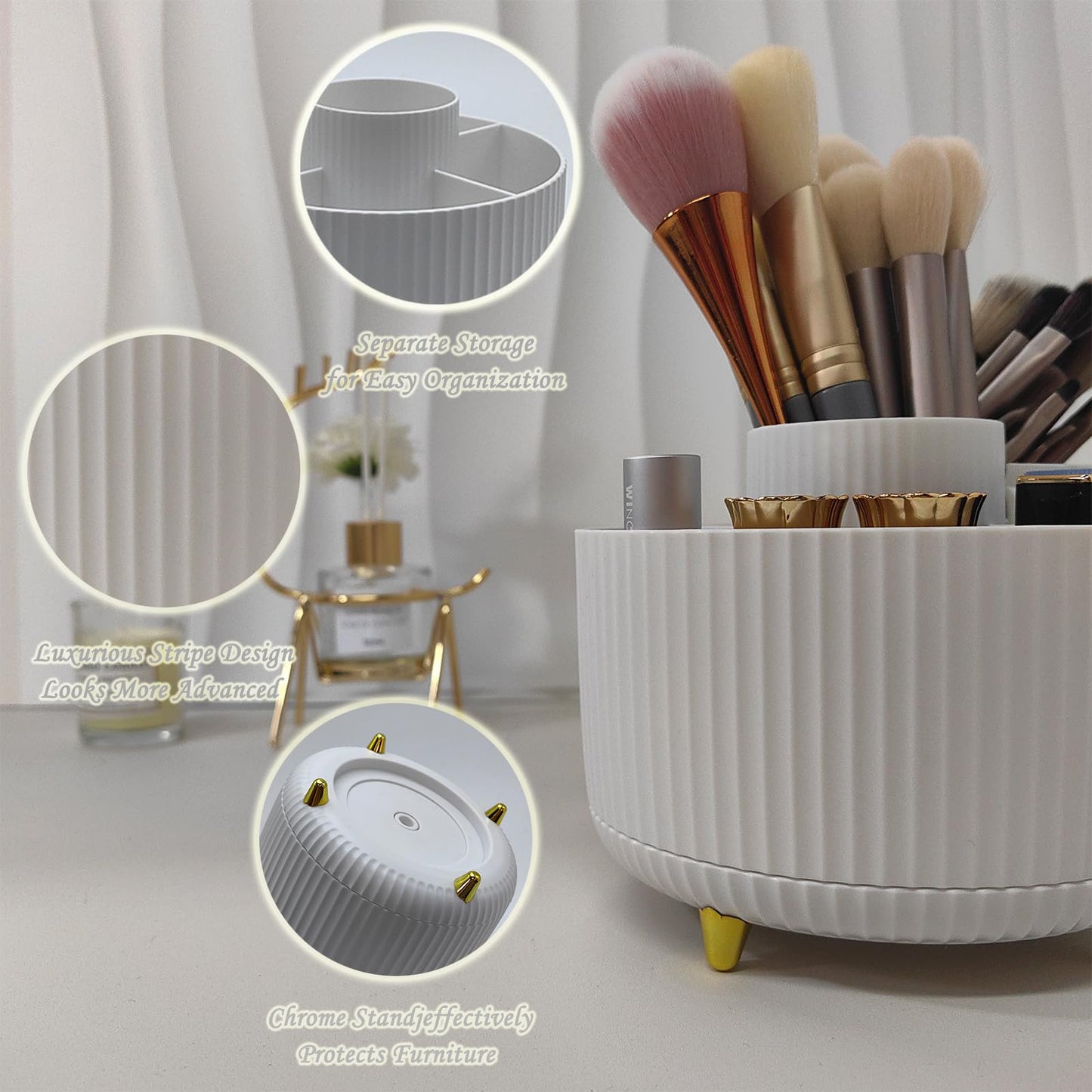 Cendray 360 Rotating Makeup Brush Holder, Makeup Desk Organizer with 5 Slots Cosmetic Brushes Storage,Makeup Organizer for Vanity, Bedroom Decor, Bathroom Organizer (White)