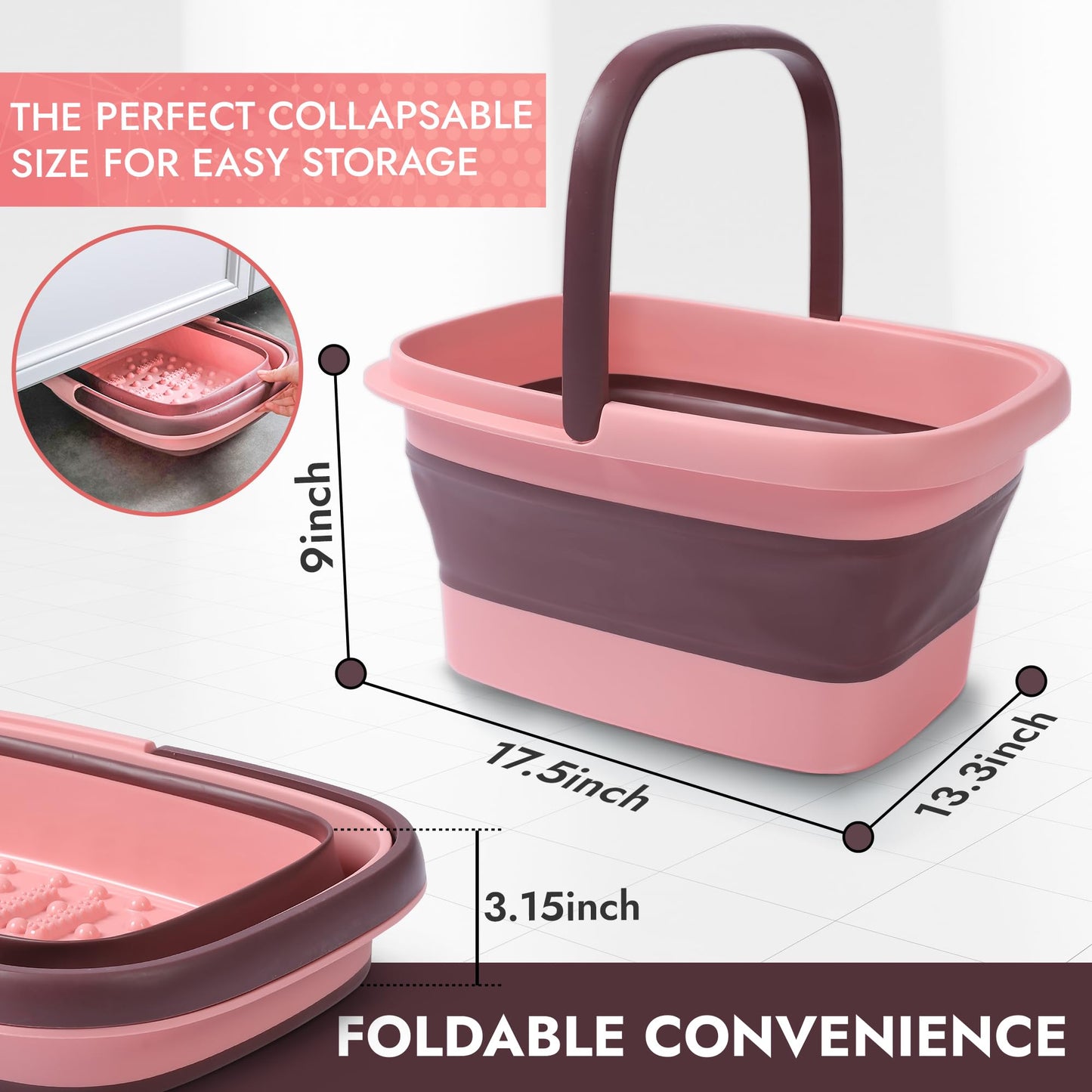 Collapsible Foot Bath – Advanced Foot Soaking Tub with Portable Design and Handle – Foldable Pedicure Foot Spa Bowl – Compact and Lightweight Foot Soak with Acupressure Points, Pink