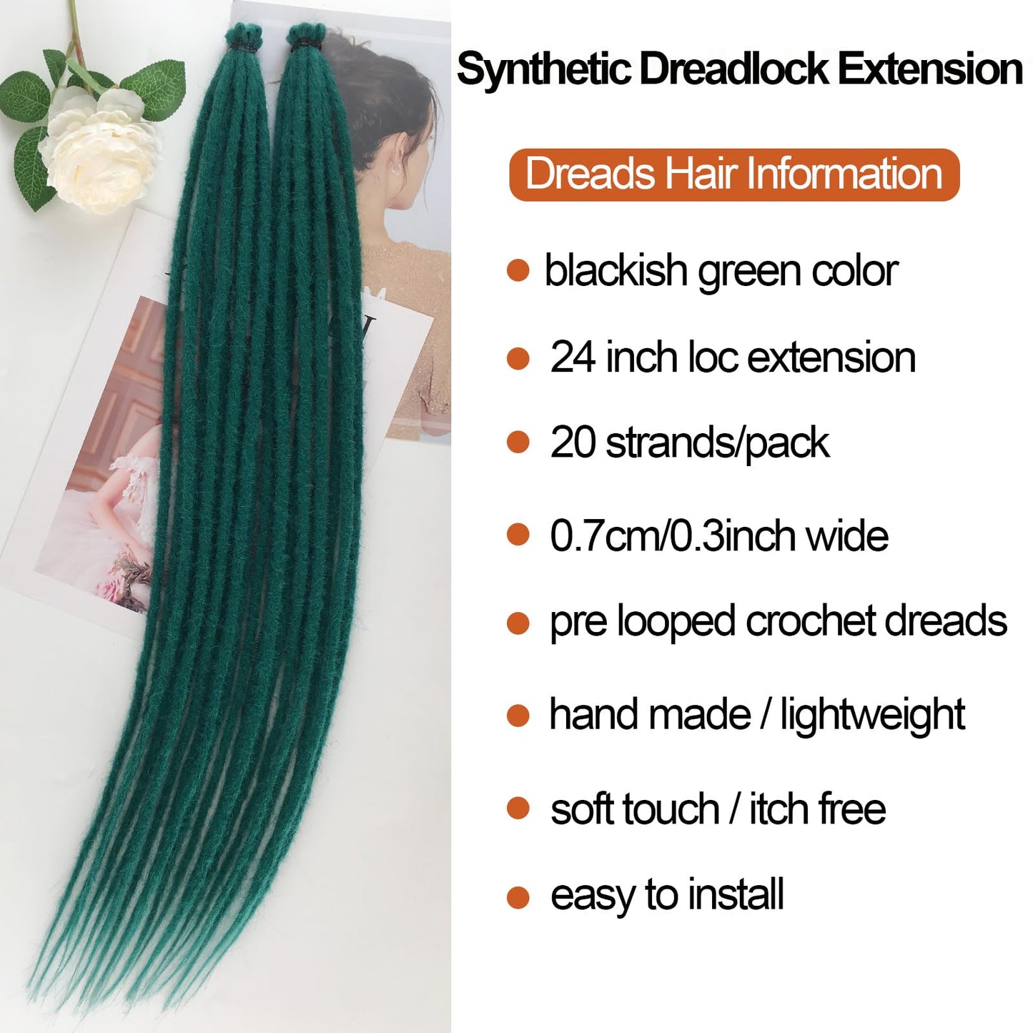 Chicmoi Dreadlock Extensions 24 Inch Green Single Ended Crochet Dreads Extensions 20 Strands SE Synthetic Dreadlocks Extension Straight Hippie Style Dreads for Women Men