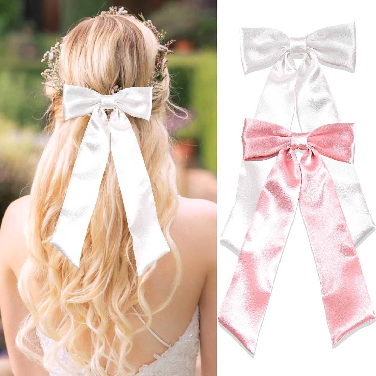 SAWINDA Bow Hair Clips with Long Tail Pink White Hair Ribbon Bows for Women, Big Bowknot Hair Barrette for Girls Wedding Prom Daily Outfits Tassel Claw Hair Clip Hair Accessories(2PCS-Pink&White)