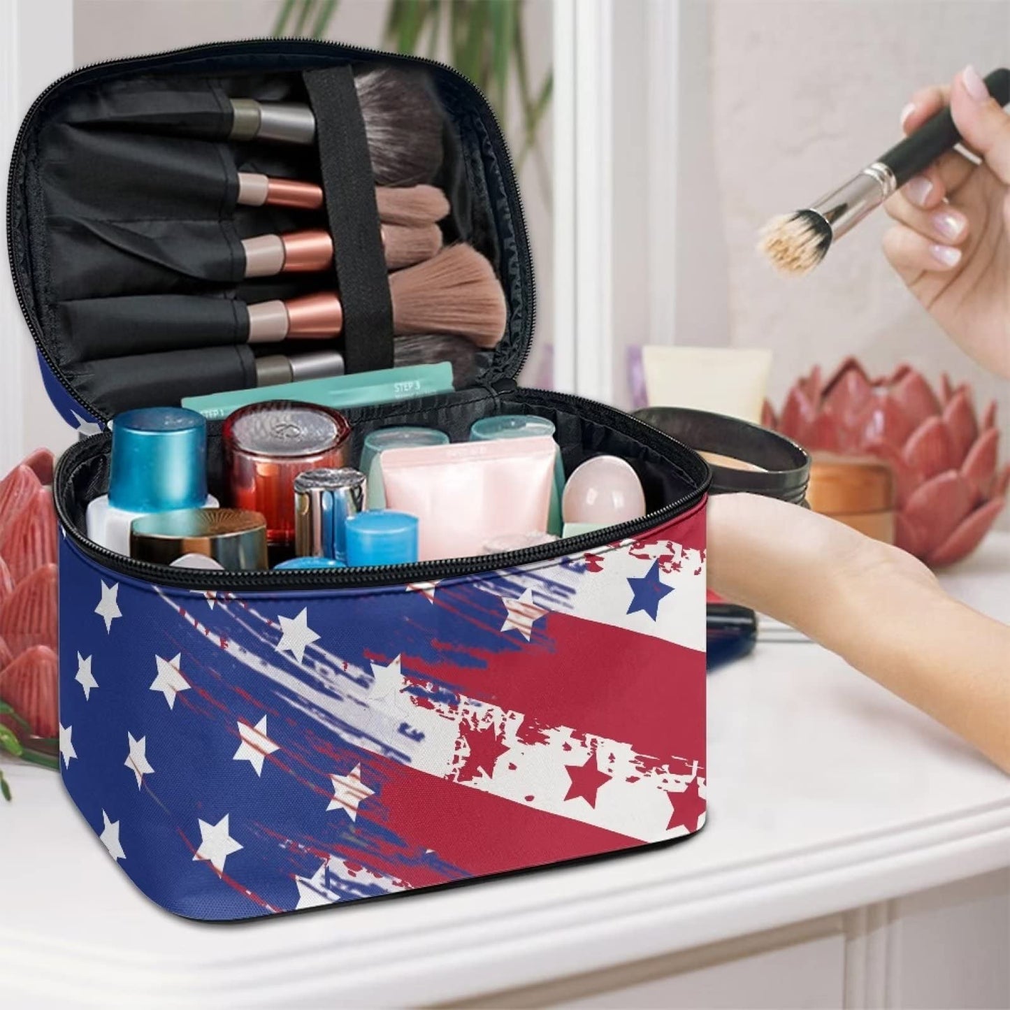 JEOCODY America Flag Cosmetic Bags for Women Travel Makeup Bag Portable Cosmetic Bag Multifunction Cosmetic Bag Toiletry Bag Large Capacity with Dividers for Cosmetics Makeup Brushes