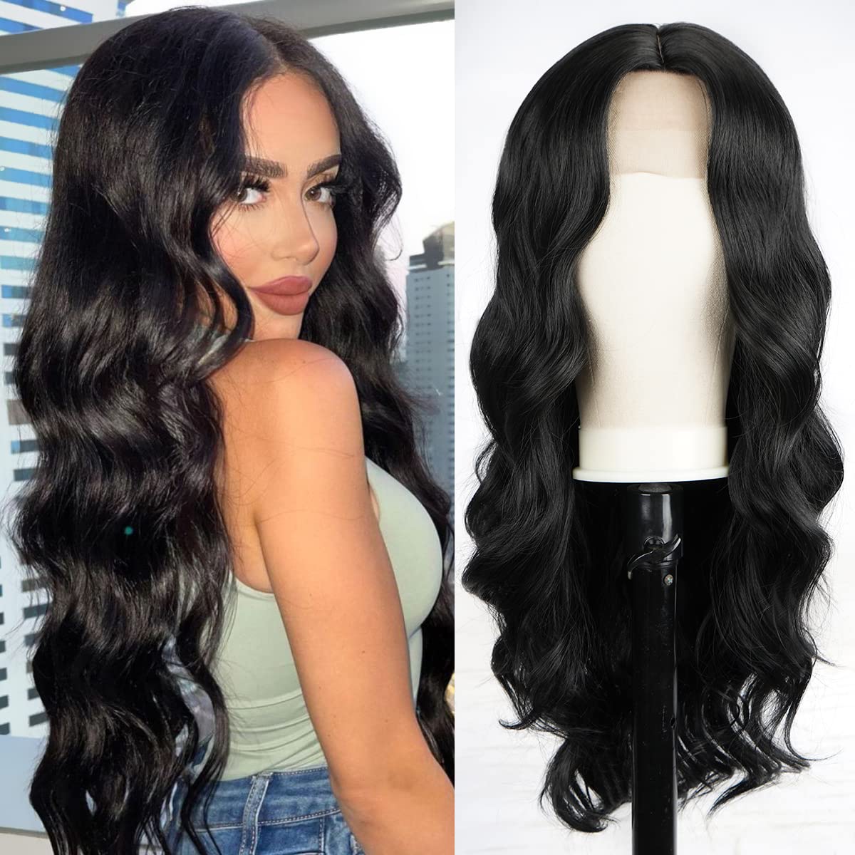 Halcyon Long Black Wavy Wigs for Women 26 inch Synthetic Middle Part Long Black Curly Wig Natural Looking Heat Resistant Fiber Wig for Daily Use