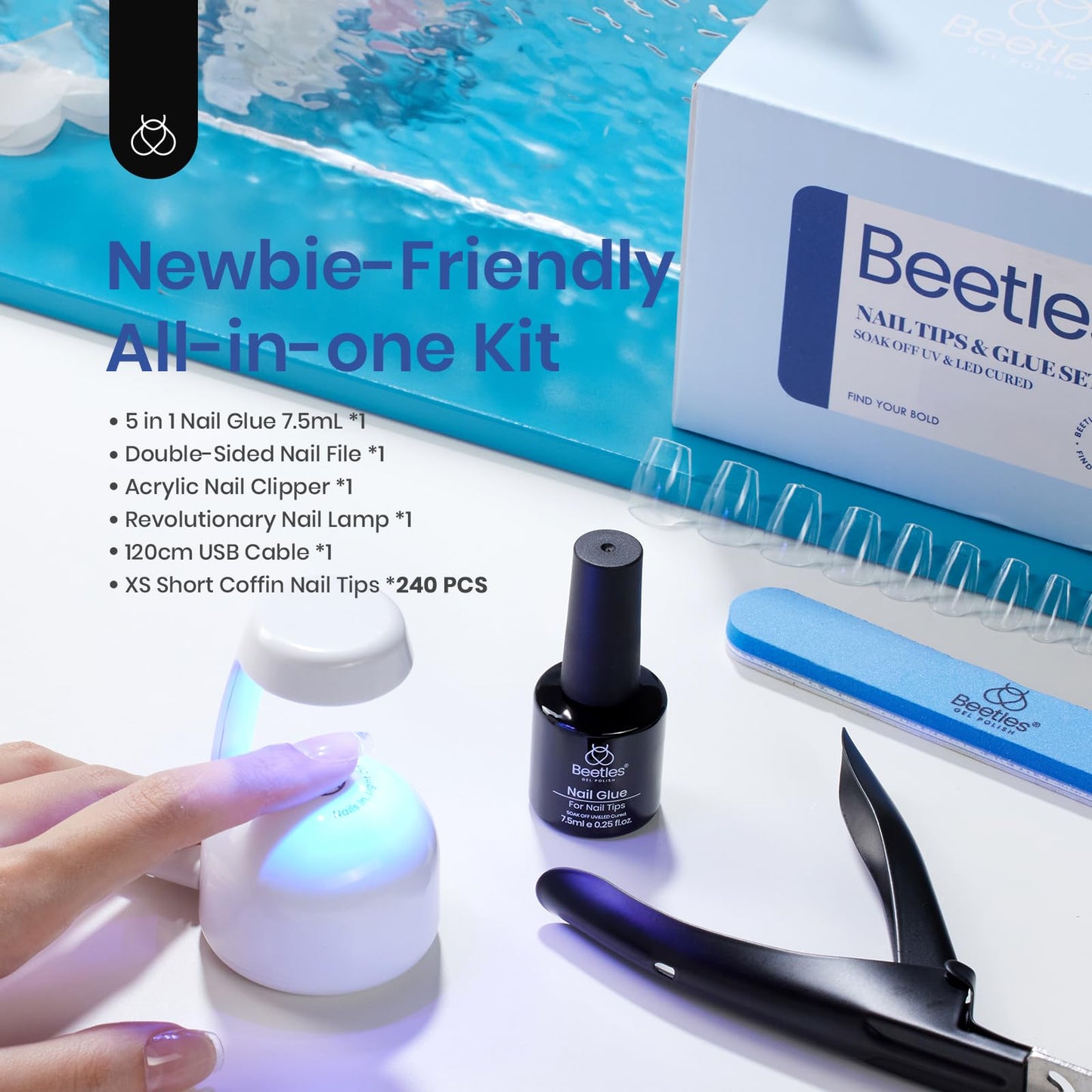 Beetles Gel Nail Kit Easy Nail Extension Set 240Pcs Shaped Clear Extra Short Coffin Nail Tips 5 in 1 Multifunctional Nail Glue Base Gel Uv Led Nail Lamp Acrylic Nail Clipper for Nail Art DIY Home