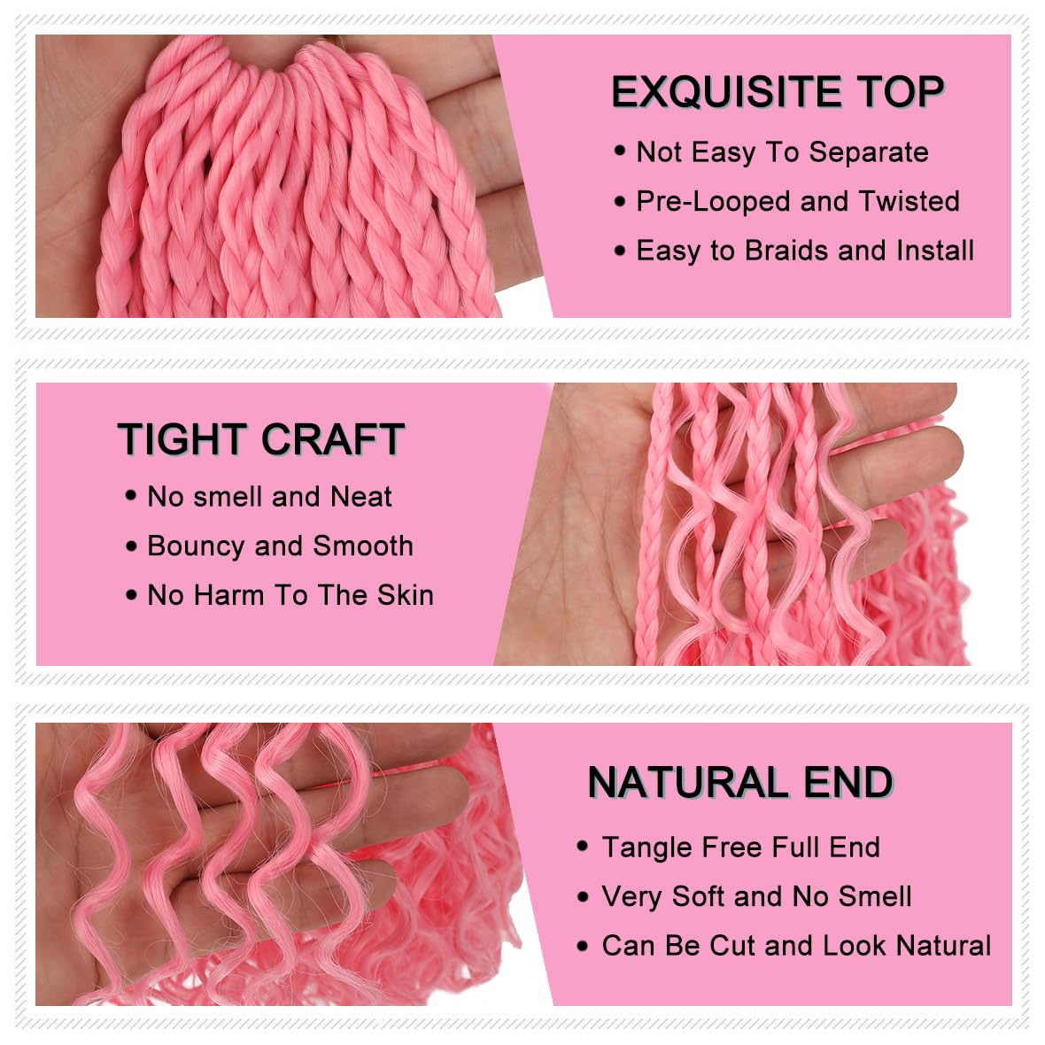 COOKOO 14 Inch Boho Box Braids 8 Packs Goddess Box Braids Crochet Hair Bohemian Hippie Braiding Hair With Curly Ends Messy Pre-looped Synthetic Crochet Hair for Black Women 128 Strands (Pink#)