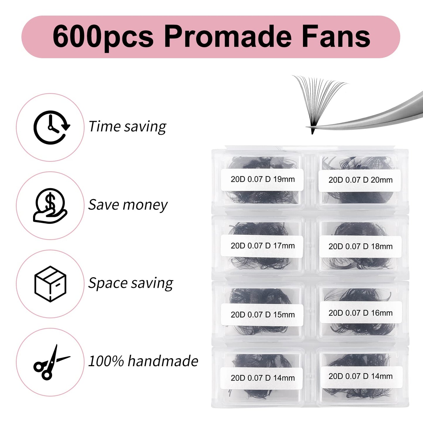 FADLASH Premade Fans Eyelash Extensions 600pcs 14D 20D 25D 30D Volume Lash Extensions D Curl Eyelash Extension Premade Fans Pointy Base Pre Made Fans Lash Extension (20D-0.07D-11-18mm)