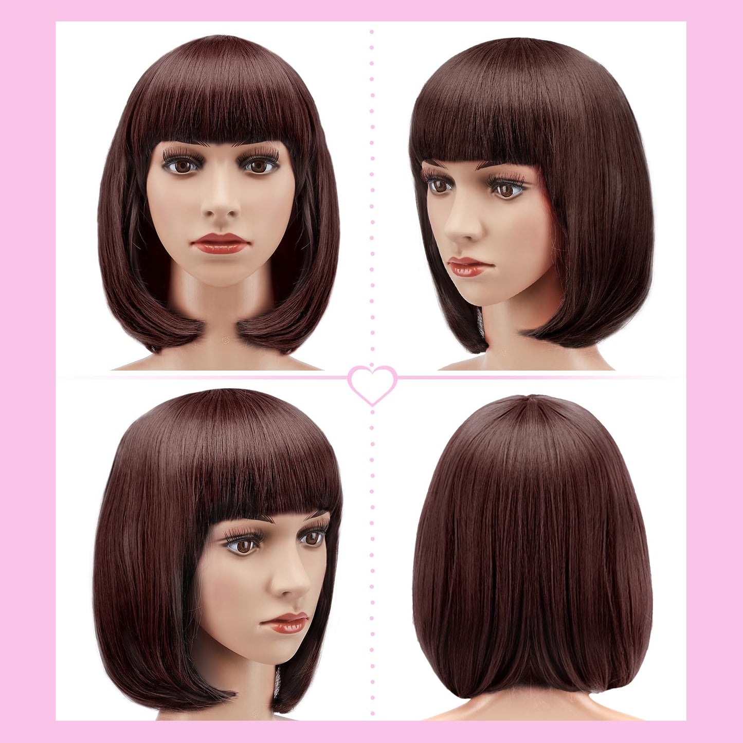 AGPTEK 13 Inches Straight Heat Resistant Short Bob Hair Wigs with Flat Bangs for Women Cosplay Daily Party - Dark Brown