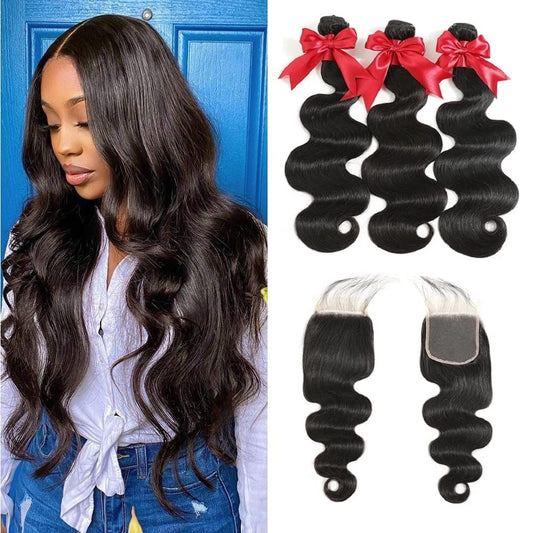 10A Brazilian Body Wave Bundles with Closure Human Hair 22 24 26 with 20 Inch Human Hair Bundles with Closure Body Wave 100% Unprocessed Remy Virgin Human Hair Weave 3 Bundles with HD Lace Closure