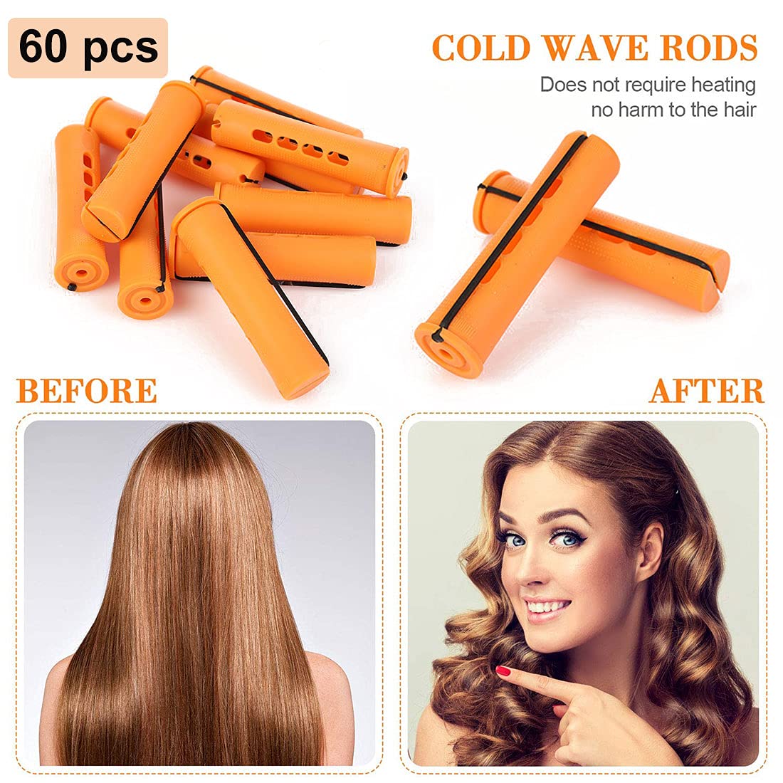 60pcs Perm Rods Set for Natural Hair Plastic Cold Wave Rod Non-Slip Hair Rollers 0.87 Inch Orange Perm Rods for Long Short Hair Curling Rods Hair Perms for Women Hair Curlers DIY Hairdressing Tools