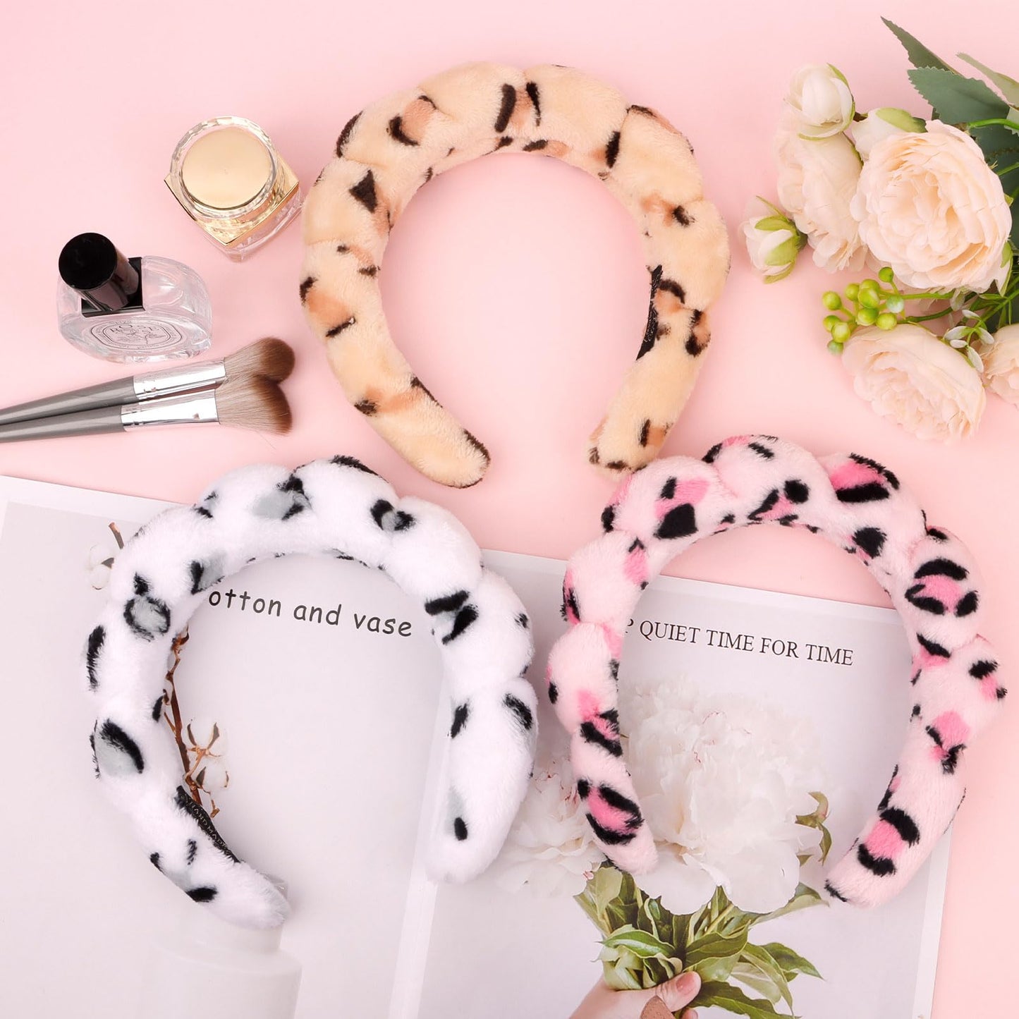 Wecoe 3pcs Skincare Headband For Washing Face Spa Makeup Face Wash Headband Cute Pink Khaki White Cheetah Leopard Printed Puffy Sponge Bubble Headband Hair Accessories For Women Girls Kids Teens Gifts