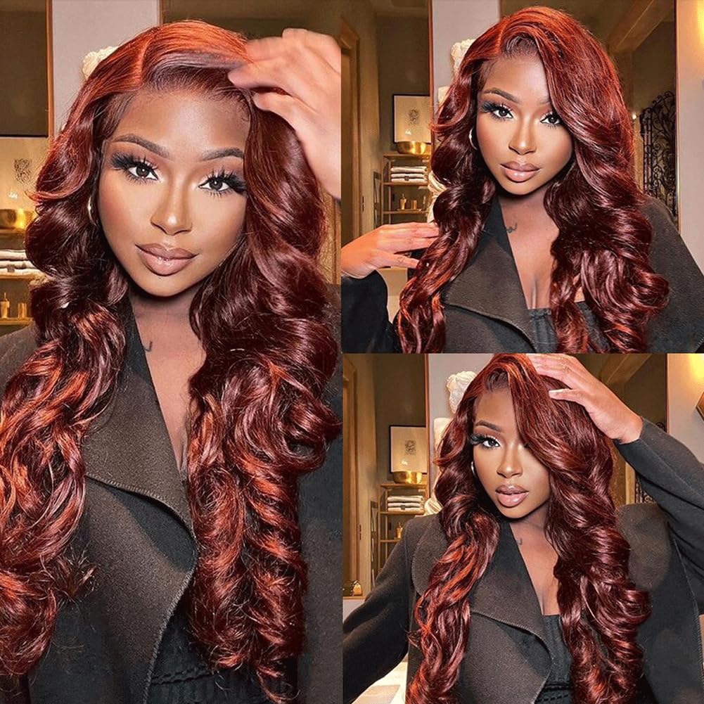 Reddish Brown 33B Human Hair 13X4 Lace Frontal Ear To Ear 13X4 Lace Closure Body Wave 150 Density Unprocessed Virgin Human Hair 13X4 Lace Frontal Free Part Bleached Knots Pre-Plucked Hairline 16 Inch