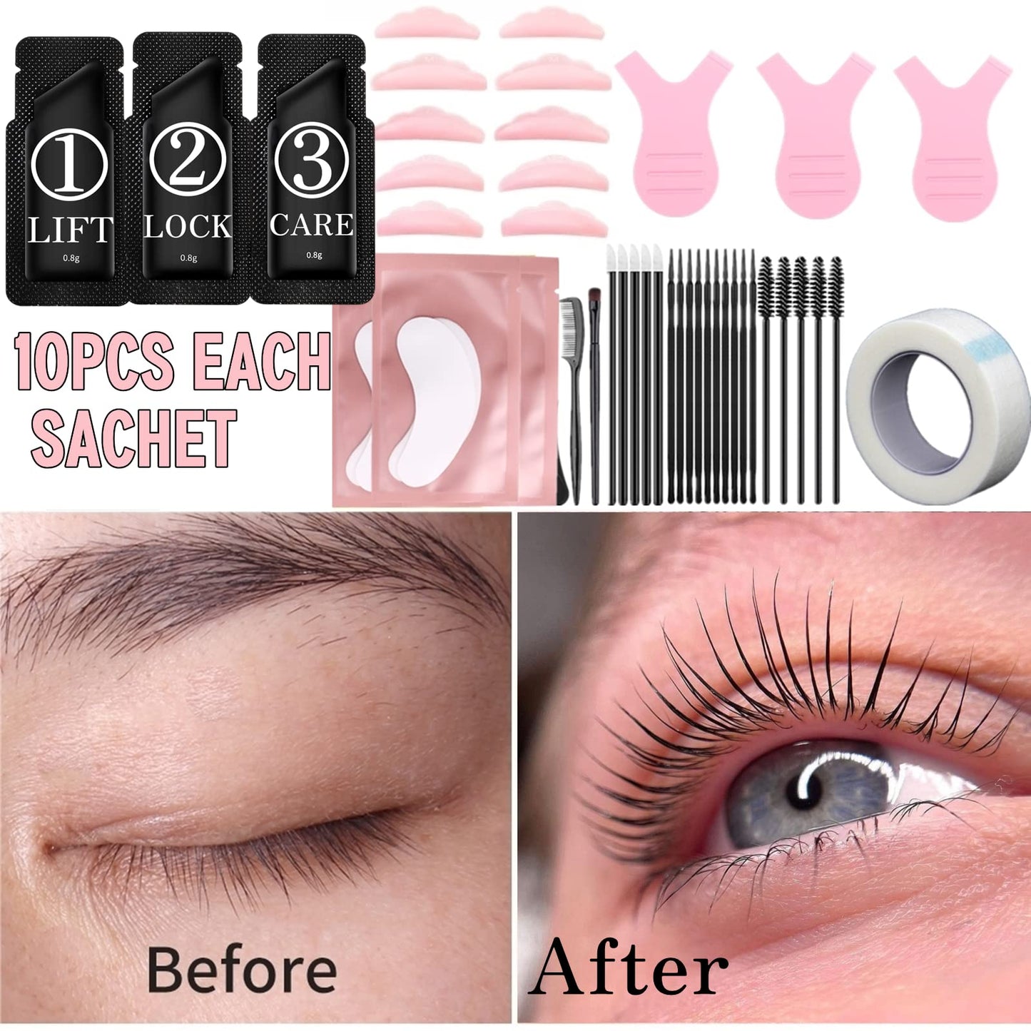 Lash Lift Sachet Kit, Eyelash Perm Set Fast Eyelash Lifting 5 Minutes DIY At Home With Strong Glue Disposable Perming 10 Application Brow Lamination Lift Up Lashes 8 Weeks Lotion is Fresh All The Time