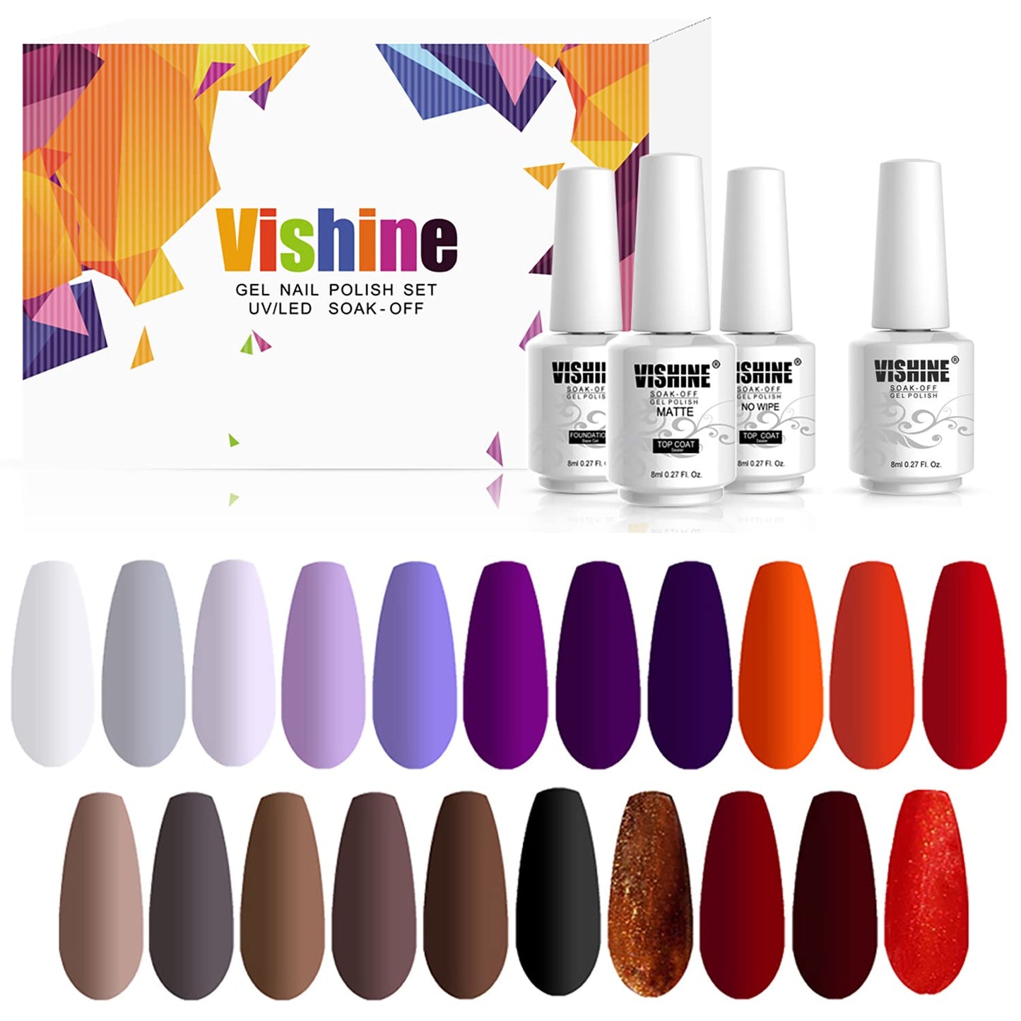 Vishine Gel Nail Polish Set - 22 Colors Red Grey Shimmer Glitter Popular Autumn Winter Series 24 Pcs Collection Nail Art Gift Box, Soak Off UV LED Nail Varnish Manicure 8ml