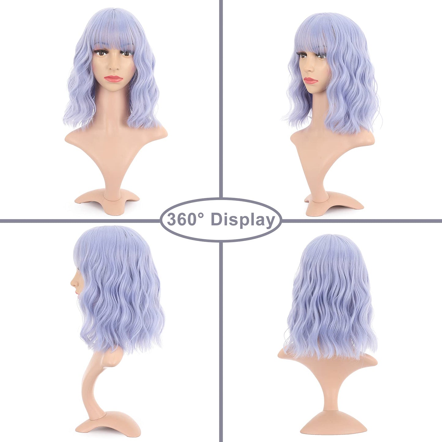 VCKOVCKO Natural Wavy Wig With Air Bangs Short Bob Grey Blue Wigs Women's Shoulder Length Wigs Curly Wavy Synthetic Cosplay Wig Pastel Bob Wig for Girl Colorful Wigs(12",Grey Blue)