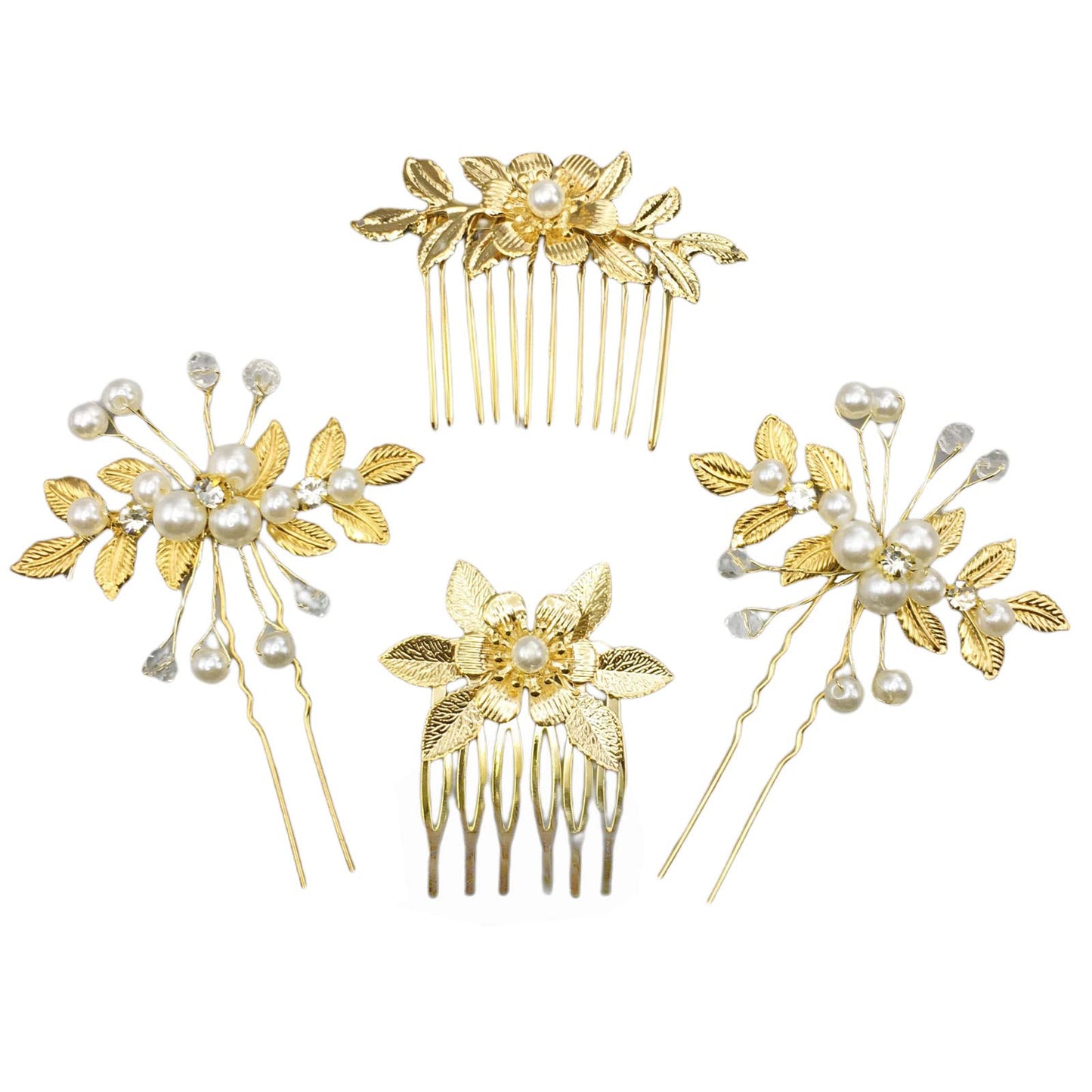 QUEOUNR Gold Bridal Hair Comb, 4PCS Wedding Hair Combs with Rhinestone Pearl Hair Pins Clips Head-piece Hair Accessories for Women Girls,H21