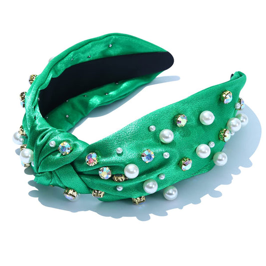 FEDANS Bejeweled Headbands for Women Pearl Rhinestone Knotted Satin Headband Crystal Embellished Green Hairband Ladies Fashion Hair Accessories