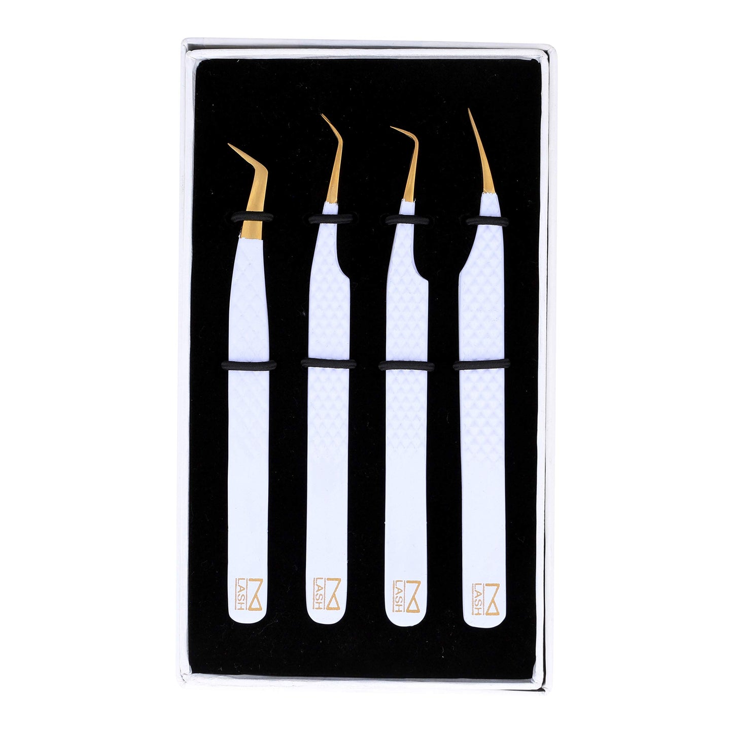 M LASH Eyelash Extension Tweezers (Set of 4) - Professional & Precision Lash Tweezers for Eyelash Extensions - Japanese Steel, Diamond Grip, Fiber Tip V3 (White)