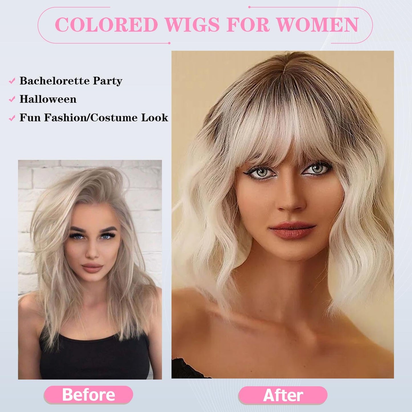 Lihui Ombre Blonde Wig With Bangs Short Wavy Bob Wig Colored Wigs For Women Fun Party Cosplay Wigs Synthetic Hair Wigs(Ombre Blonde, 12 Inch)