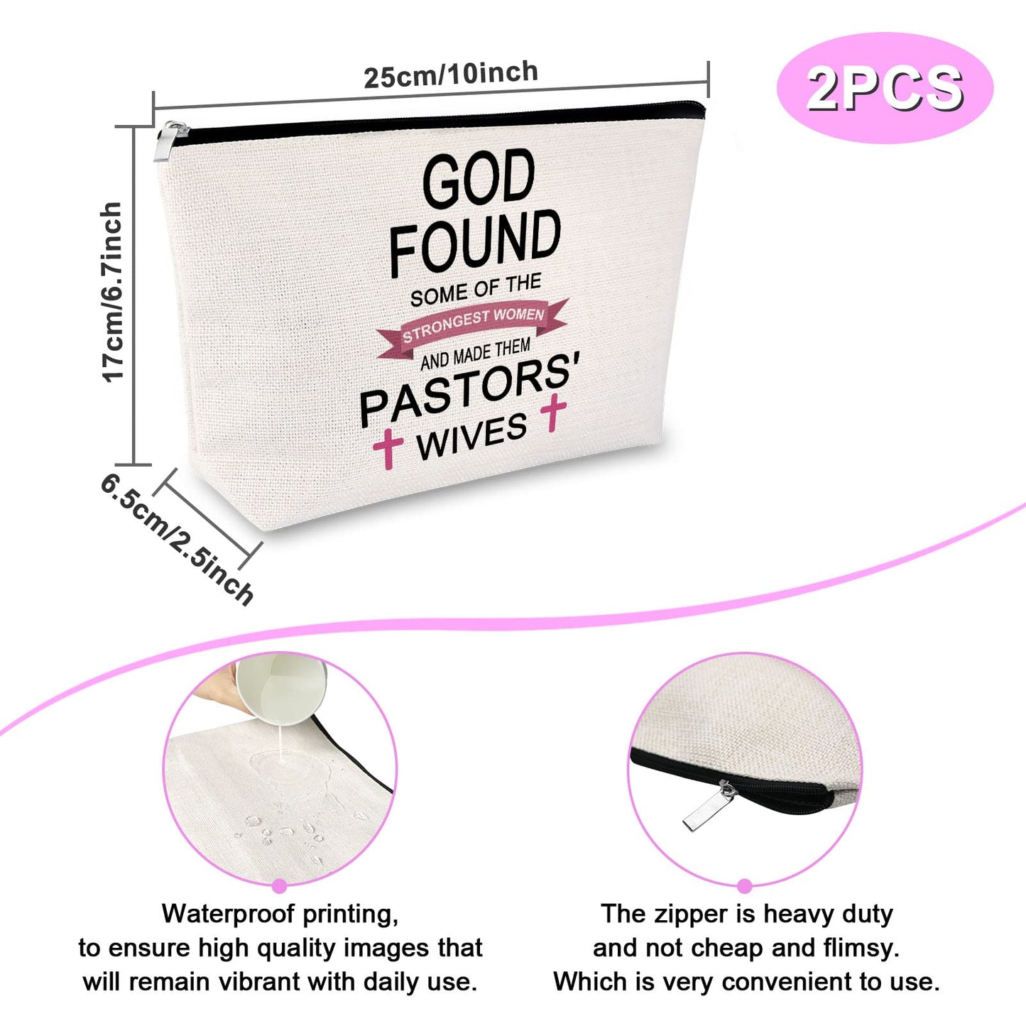 2Pcs Pastor's Wife Appreciation Gift Makeup Bag Minister's Wife Thank You Gift Religious Gift for Pastor's Wife Cosmetic Bag Birthday Gift for Pastor's Wife Christmas Gift Travel Cosmetic Pouch