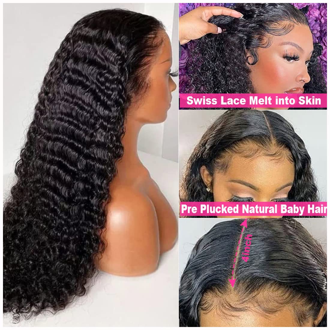 Uesoels 4x4 HD Transparent Lace Closure Deep Wave Wigs Human Hair Pre Plucked Bleached Knots with Baby Hair 180 Density Deep Wave Frontal Wigs for Black Women 16 Inch