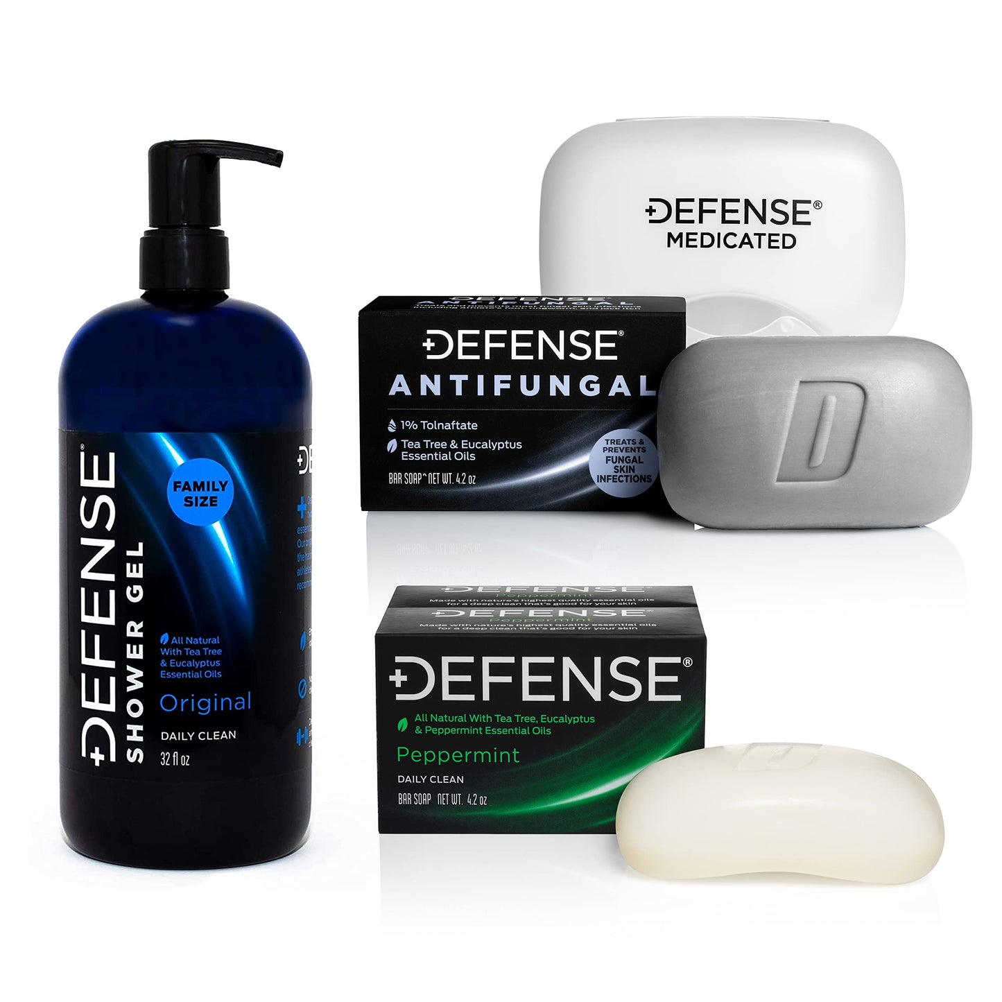 Defense Soap Peppermint 4 Oz Bar (Pack of 2), Antifungal Medicated Bar Soap, & Body Wash 32 oz - Natural Shower Gel