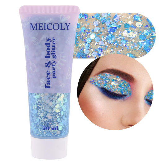 MEICOLY Chameleon Mermaid Blue Body Glitter,Chunky Face Glitter Paint,Color Changing Mermaid Face Glitter Gel,Holographic Glitter Sequin for Face Body Hair,Festival Party Cheer Glitter Makeup,50ml