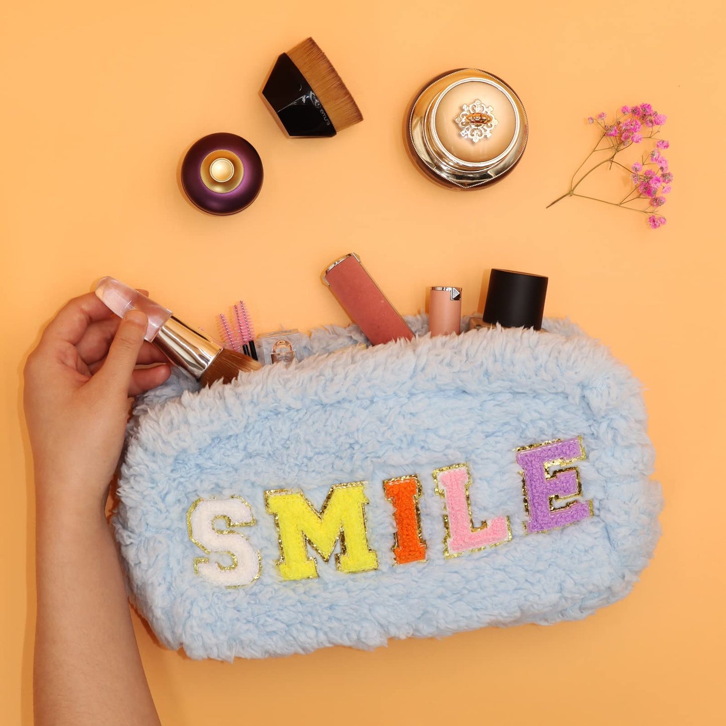 WOLECX Preppy Makeup Bag Cute Fuzzy Chenille Letter Nylon Pouch, Kawaii Plush Small Cosmetic Bag For Purse, Portable Travel Soft Warm Travelling Organizer Bags 12+ (Light Blue Smile)