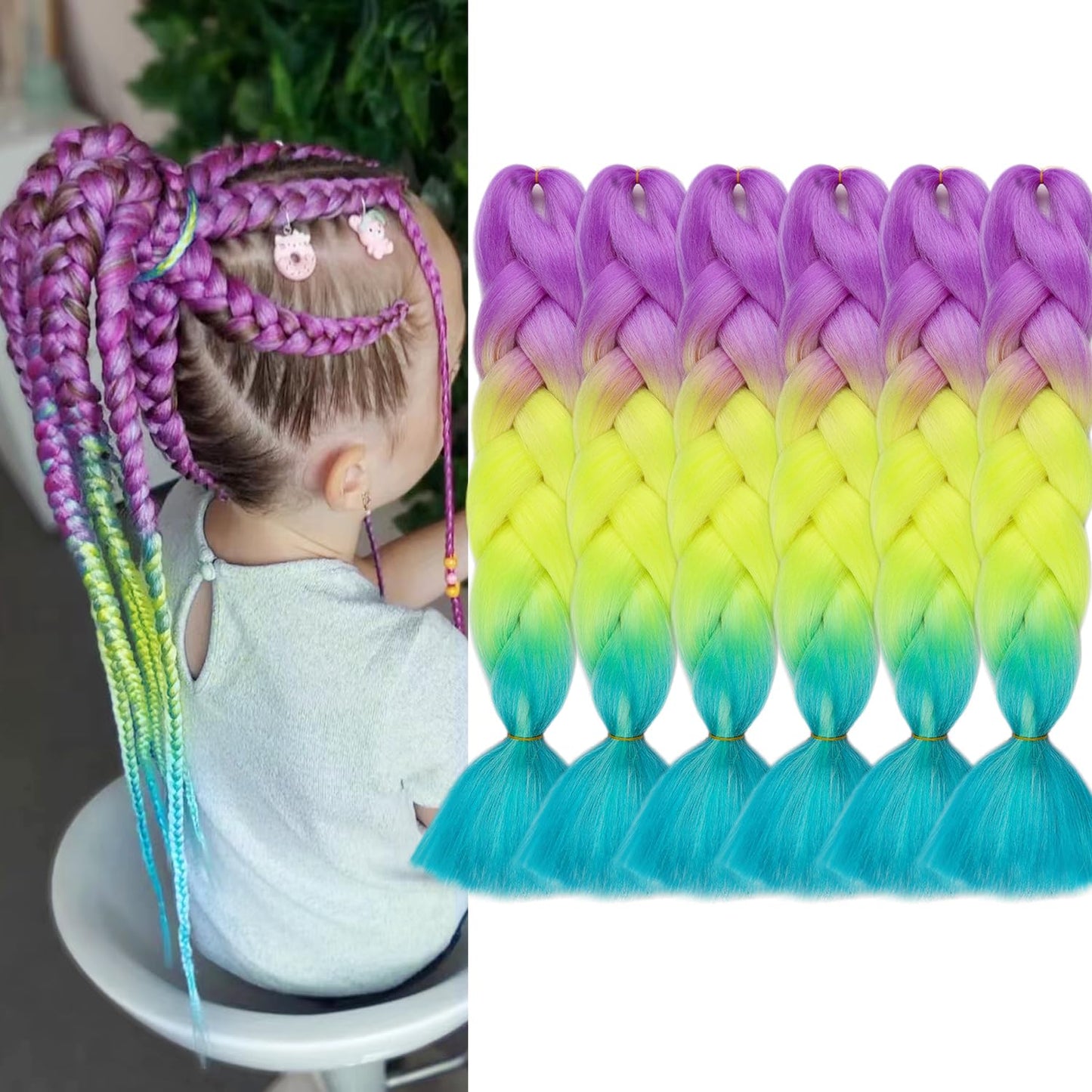 MAYSA Purple and Green Braiding Hair Extensions, 6Pack 24inch Soft Synthetic Ombre Braiding Hair,Pre stretched Braiding Hair Extensions For Box Braids #Purple-Yellow-Teal