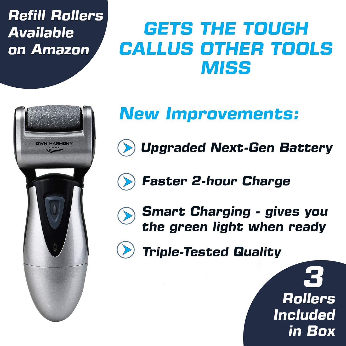 Own Harmony 2 Electric Feet Callus Removers and 6 Rollers Bundle: Rechargeable Mens Pedicure Tools Kit & Professional Electronic Foot Care File for Women, Best Scrubber for Hard Dry Cracked Dead Skin