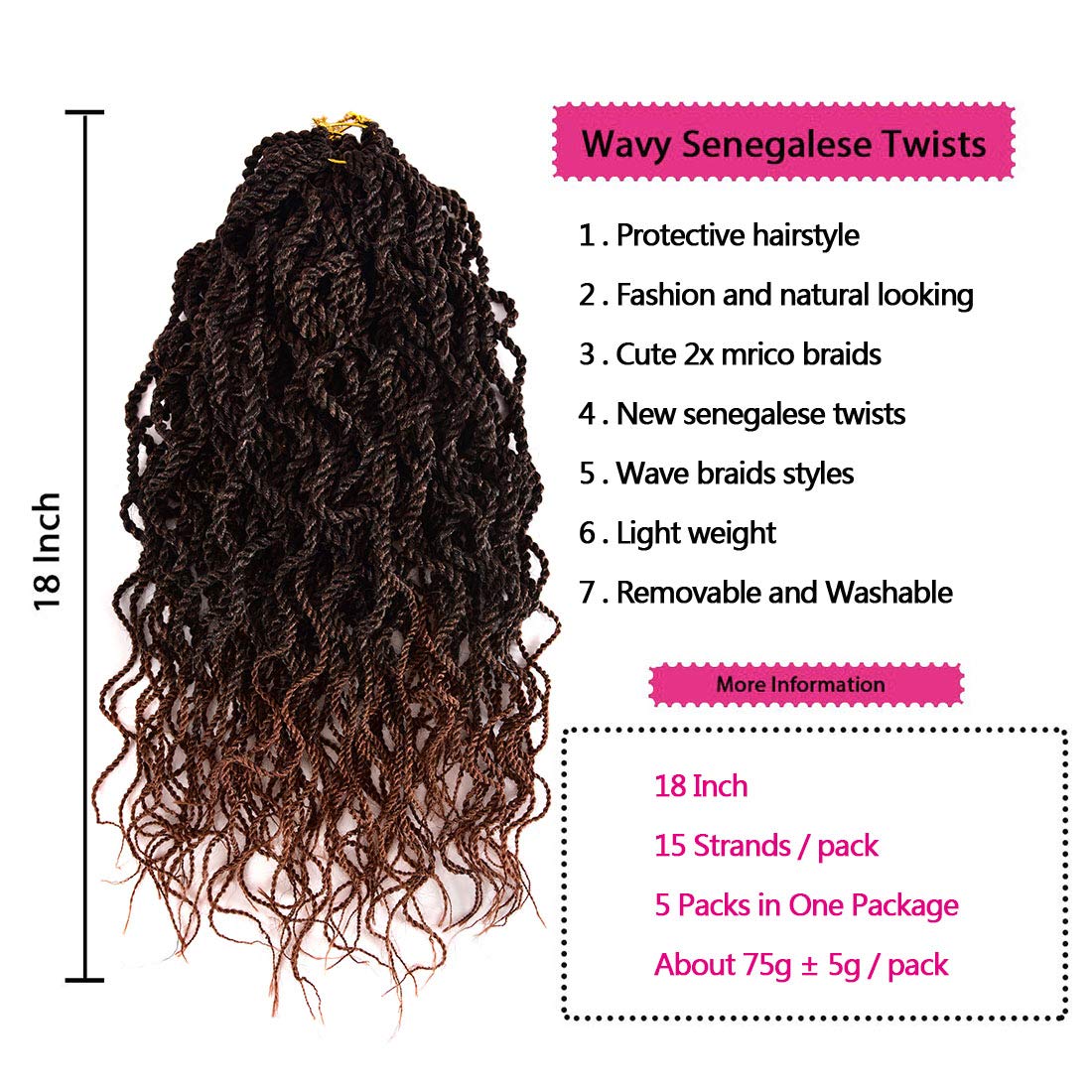 Wavy Senegalese Twist Crochet Hair Braids 18 inch 5 Packs Curly Twist Crochet Hair Braids Wavy Ends Synthetic Hair Extensions For Black Women (1B/30)