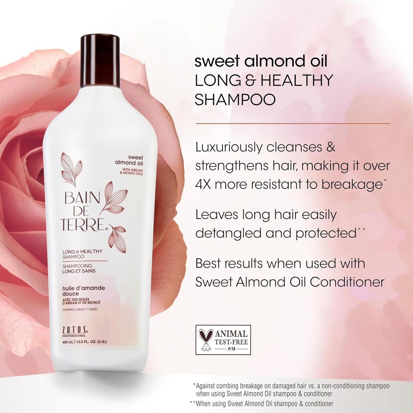 Bain de Terre Long & Healthy Shampoo and Conditioner Set & Shine Serum | Sweet Almond Oil | Fortifies & Strengthens Long, Growing Hair | Paraben Free | Color-Safe | 13.5 Fl Oz